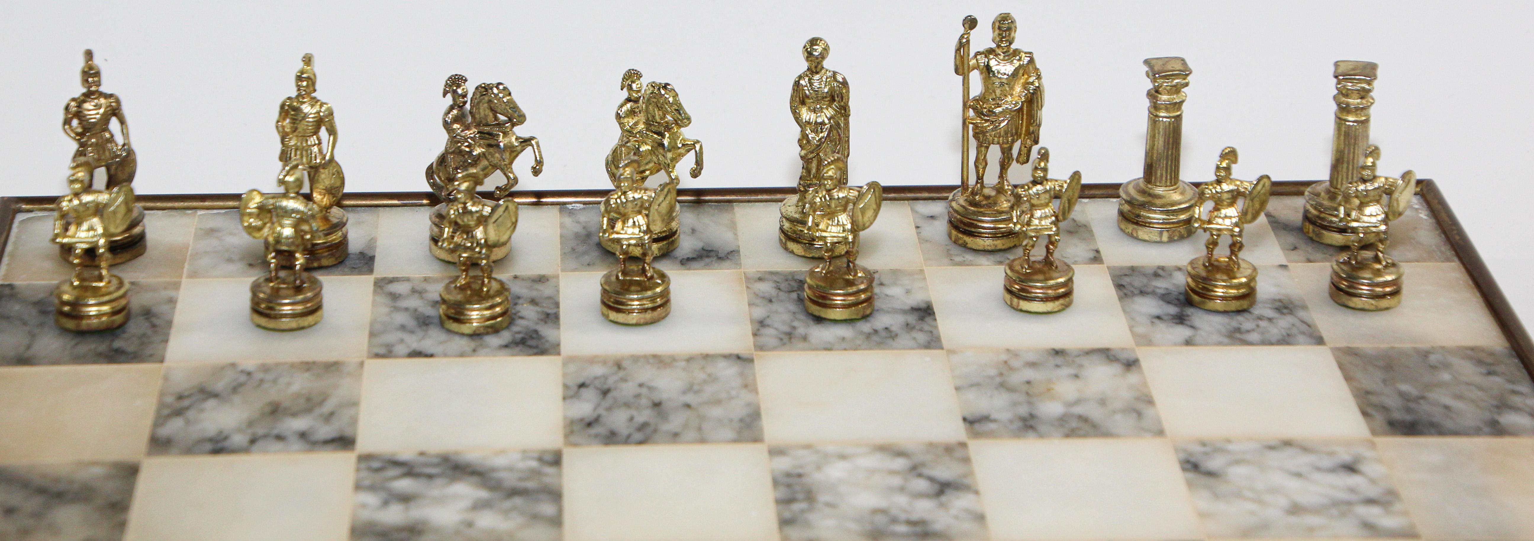 Vintage Marble Chess Board with Metal Greek against Roman Chess Pieces In Good Condition In North Hollywood, CA