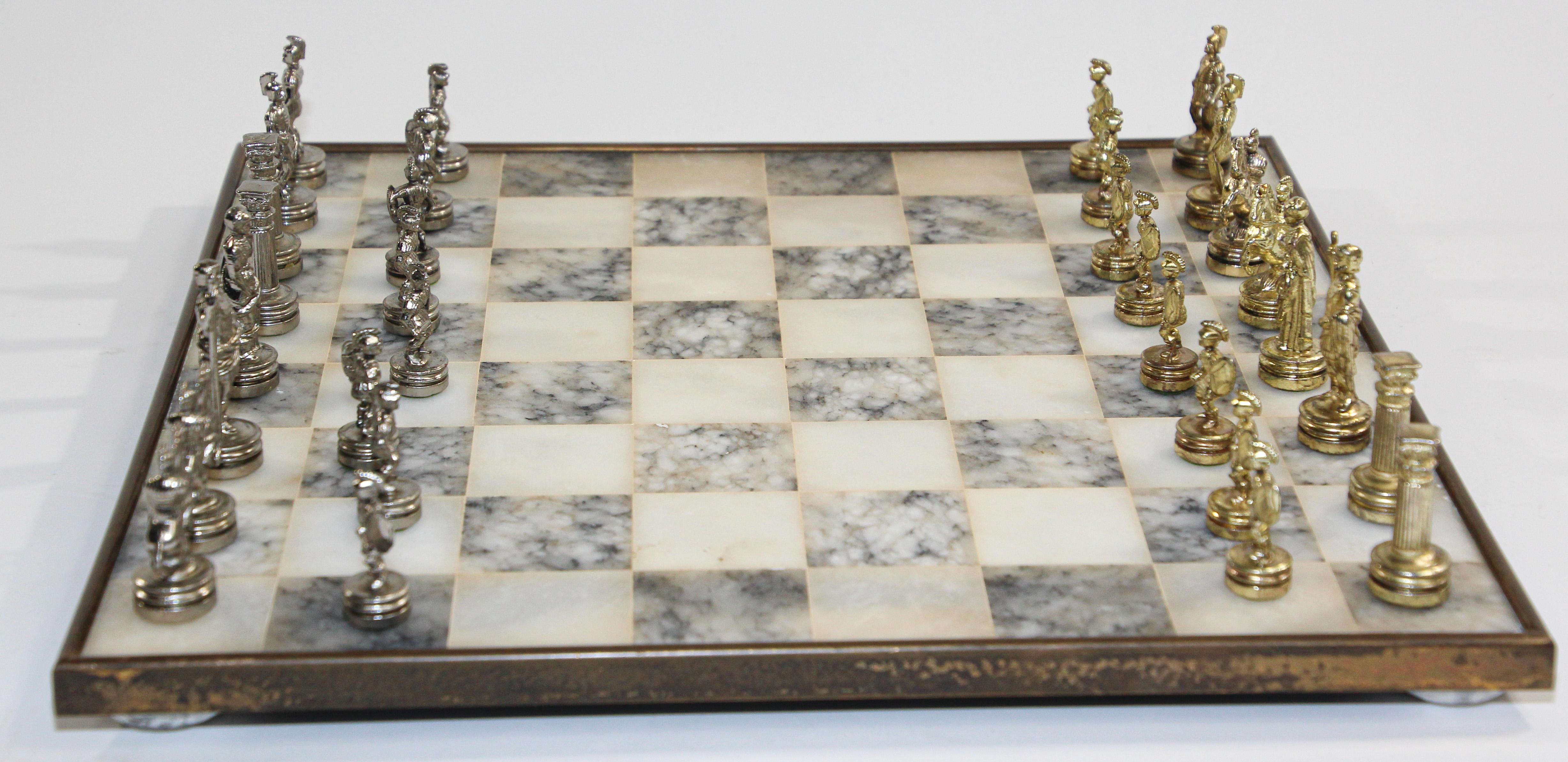 20th Century Vintage Marble Chess Board with Metal Greek against Roman Chess Pieces