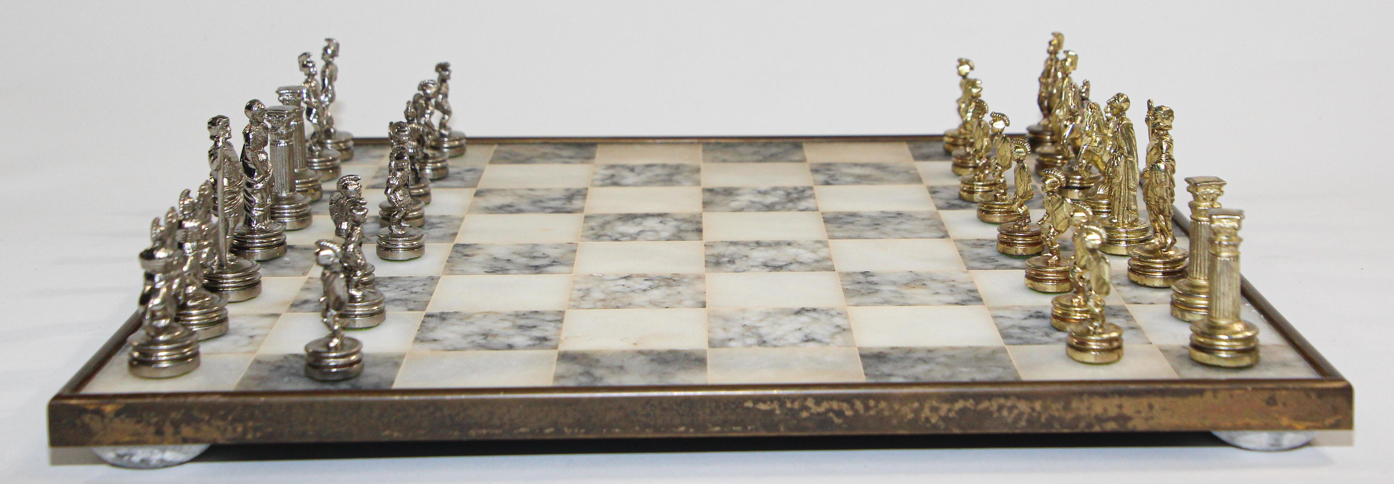 Stone Vintage Marble Chess Board with Metal Greek against Roman Chess Pieces