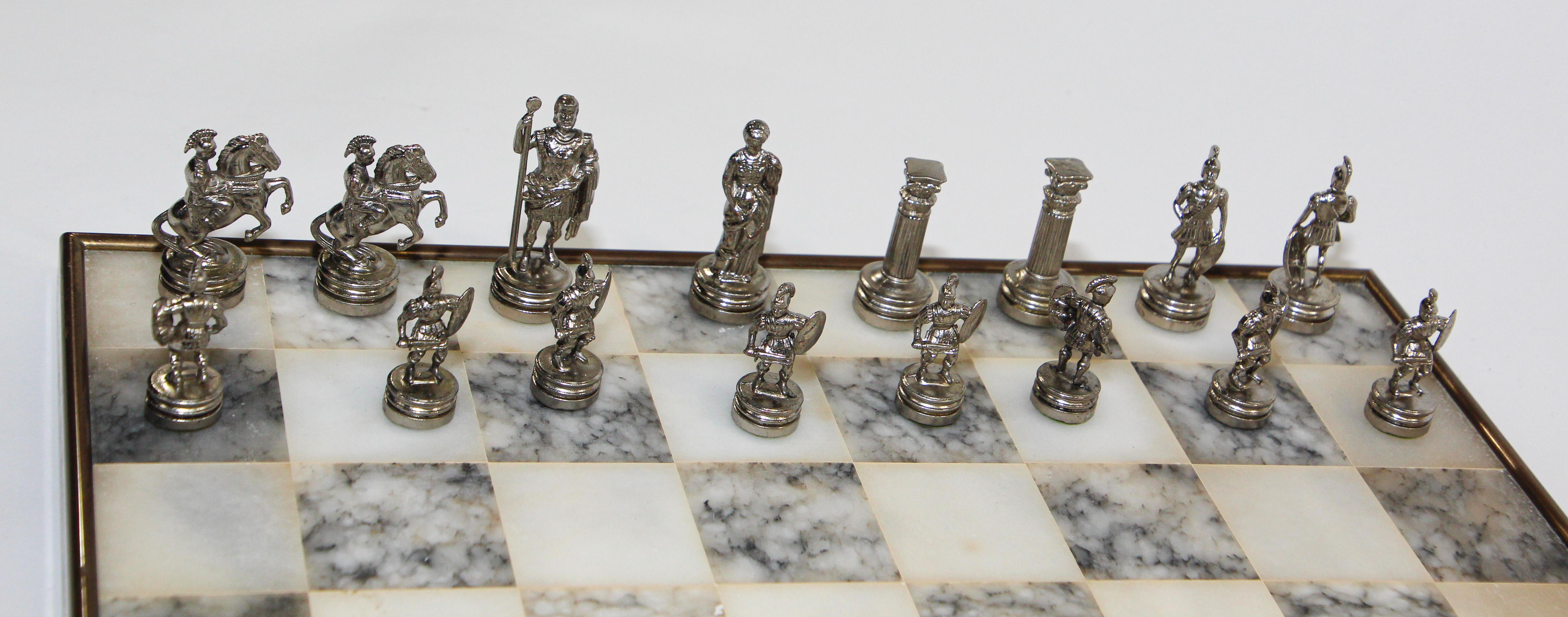 Vintage Marble Chess Board with Metal Greek against Roman Chess Pieces In Good Condition In North Hollywood, CA