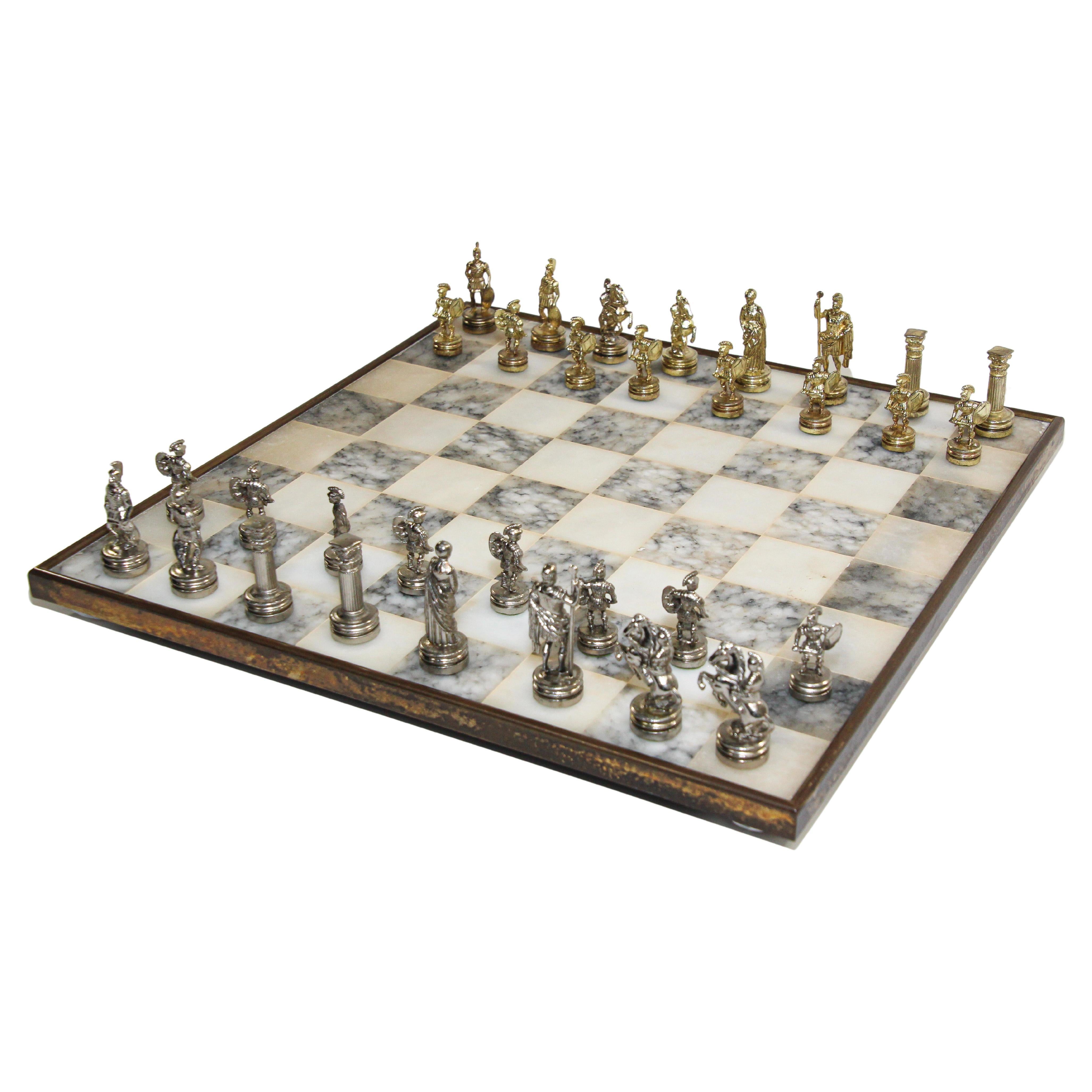 Vintage Marble Chess Board with Metal Greek against Roman Chess Pieces