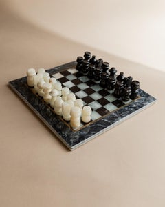 Vintage Marble Chess Set in Black and Cream Stone Board, Italy, 1960s