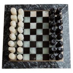 Vintage Marble Chess Set in Black and Cream Stone Board, Italy, 1960s
