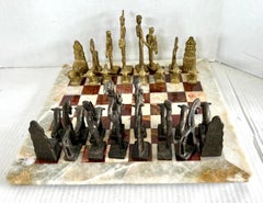 Vintage Marble Chess Set with Brutalist Carved Bronze and Brass Figurines