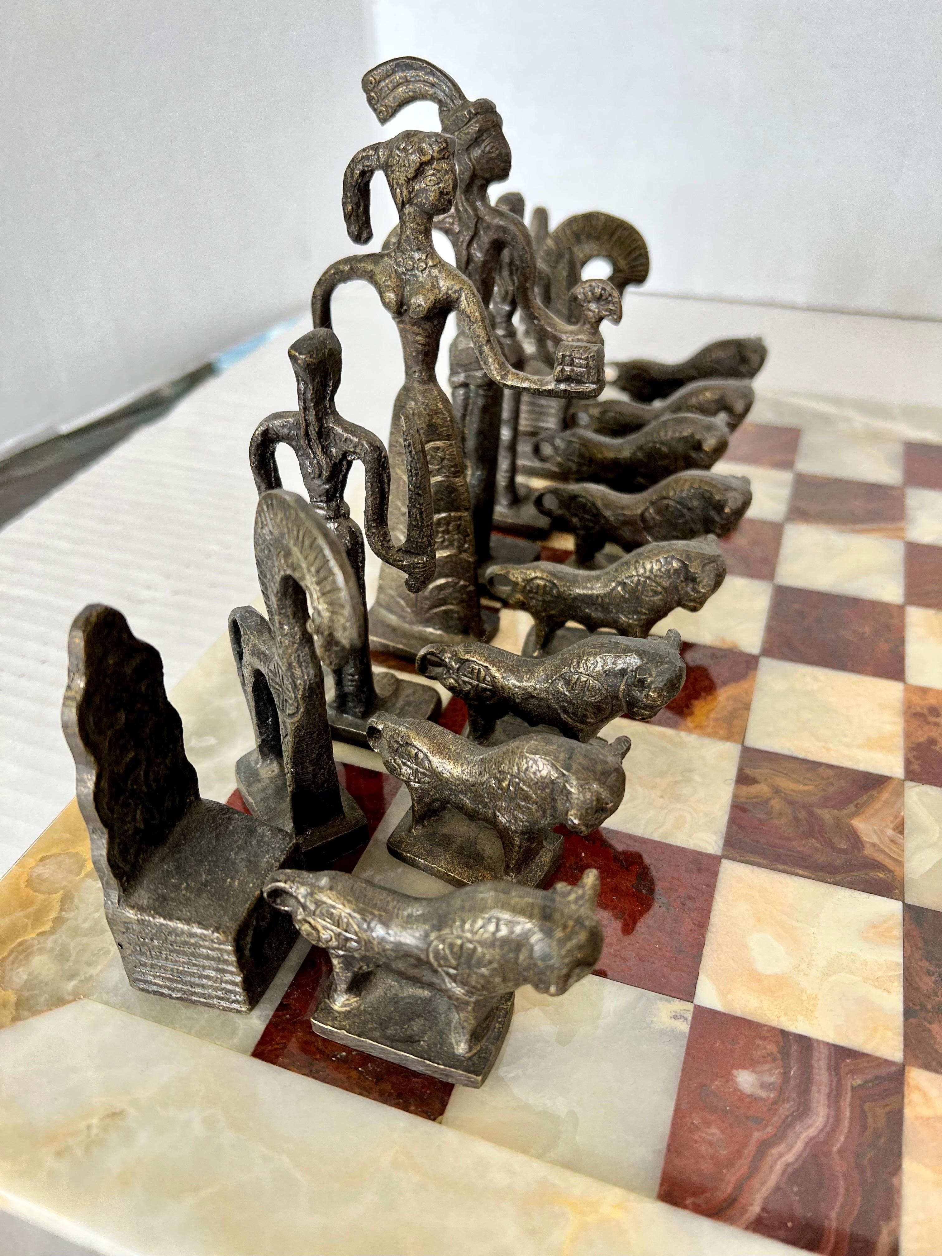 Vintage Marble Chess Set with Brutalist Carved Bronze and Brass Figurines In Good Condition In West Hartford, CT