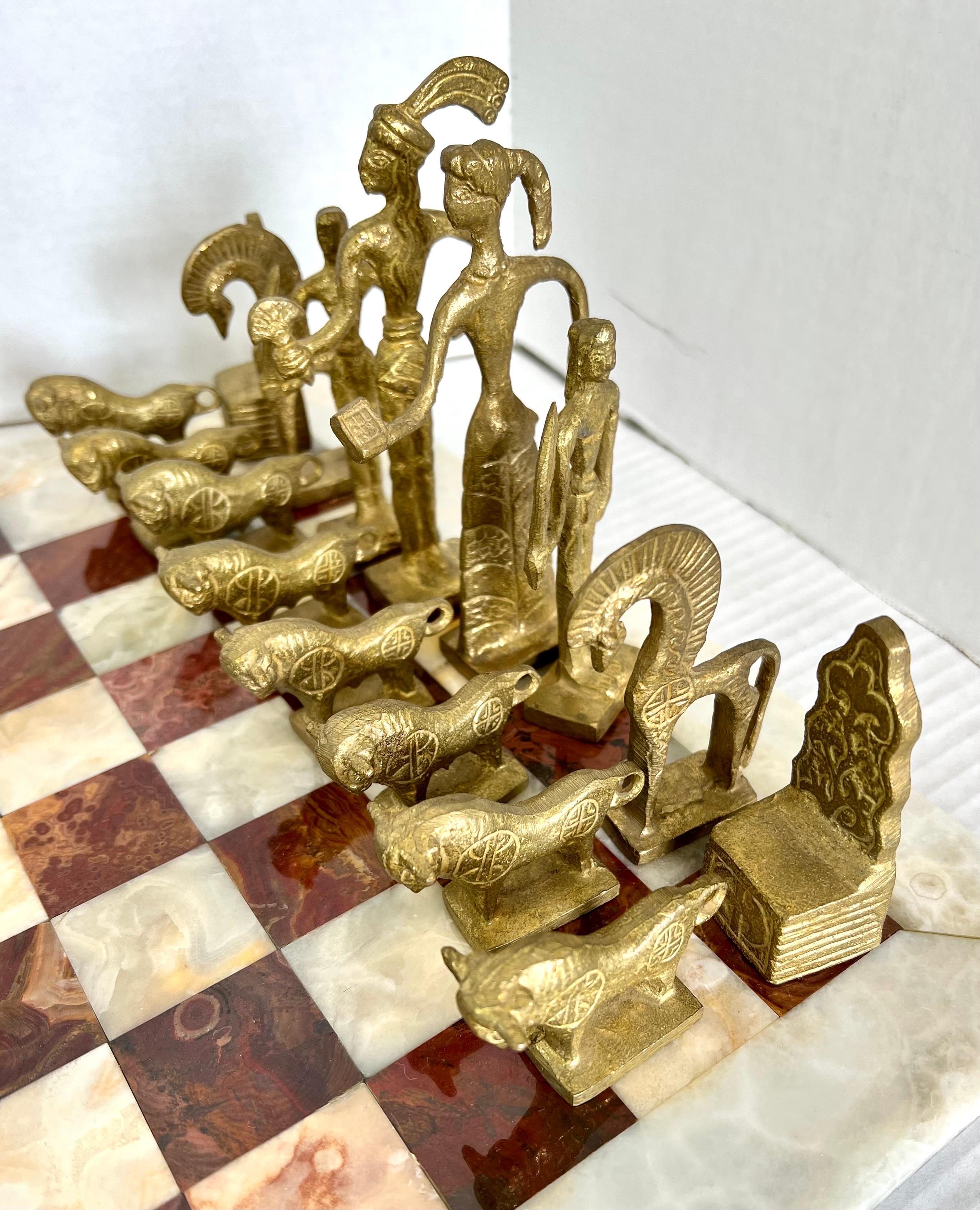 20th Century Vintage Marble Chess Set with Brutalist Carved Bronze and Brass Figurines