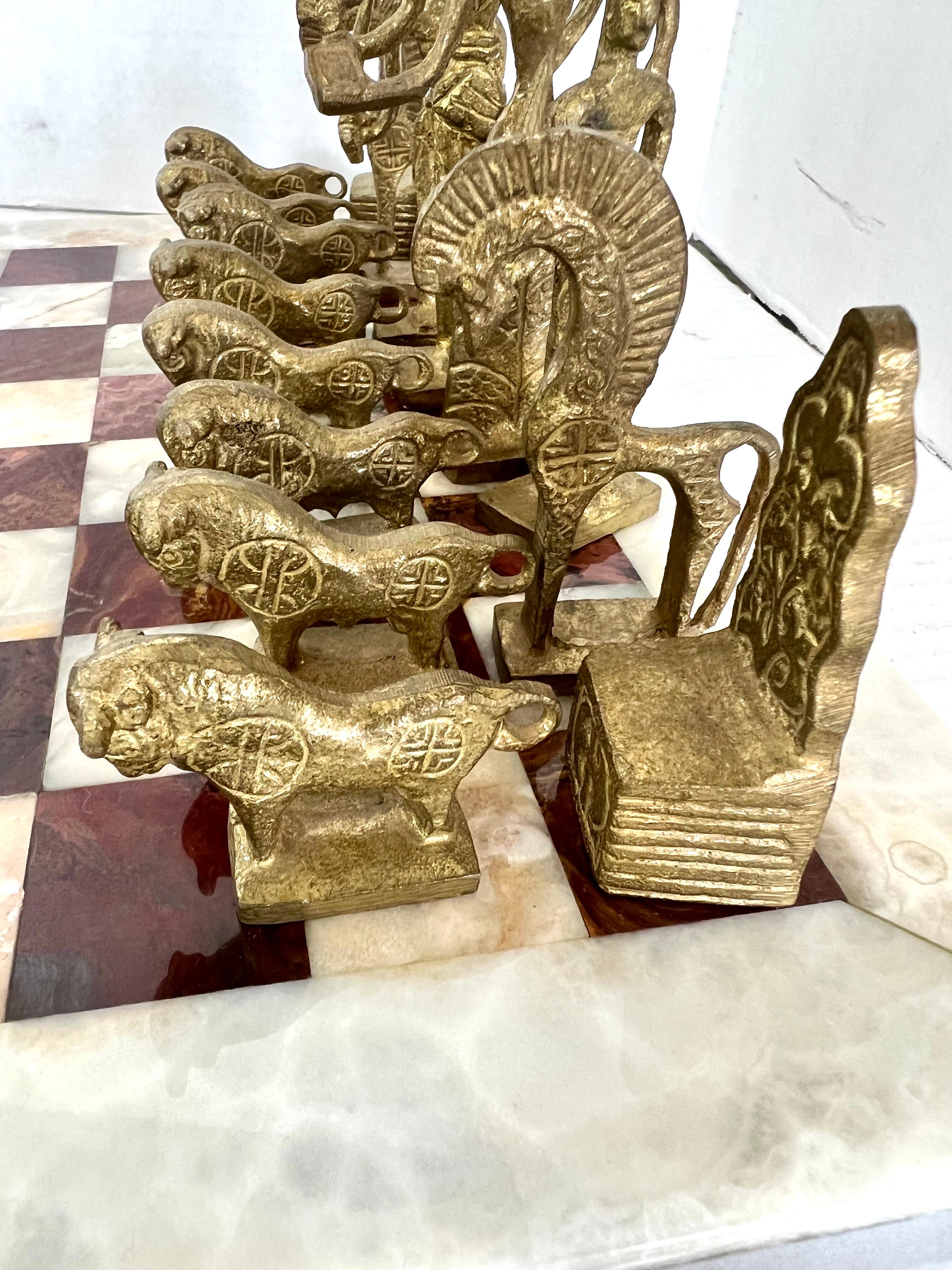 Vintage Marble Chess Set with Brutalist Carved Bronze and Brass Figurines 5