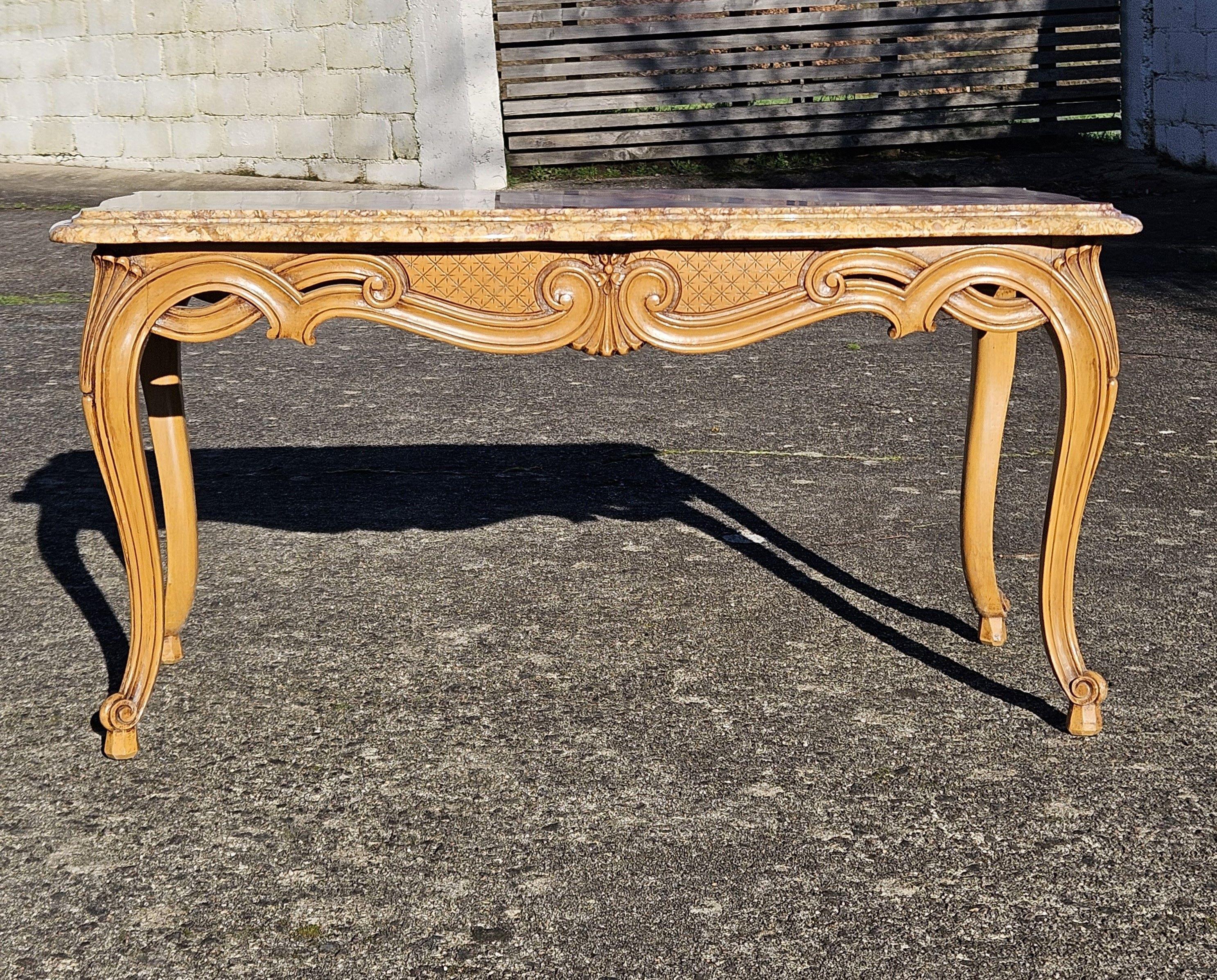 Mesa de centro de mármol vintage-Mesa de cóctel de madera y mármol-Estilo Luis XV-60s en venta 9