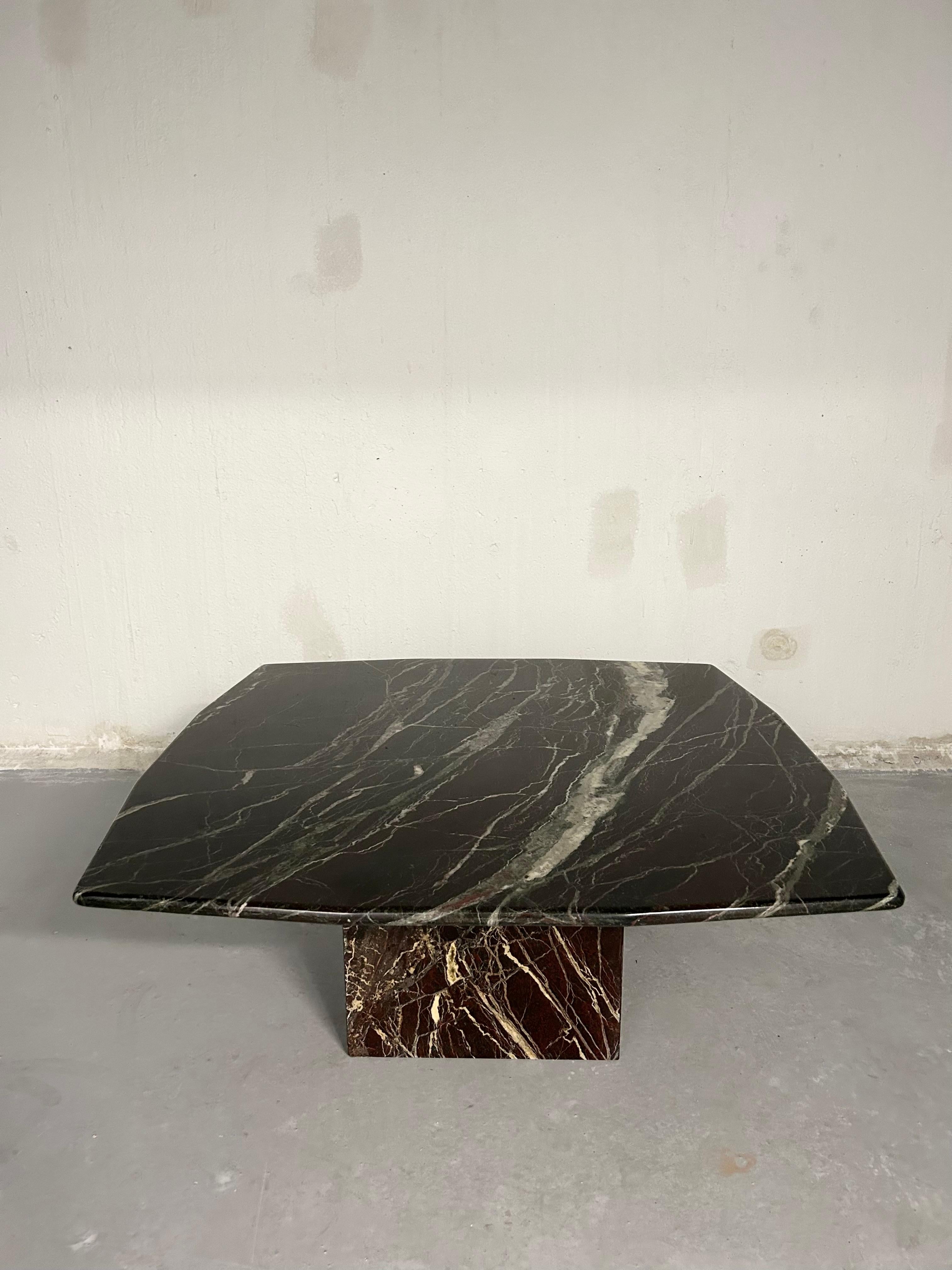 Vintage rosso levanto marble coffee table. Curved square top is separate from hollow square base. No chips or cracks. Normal surface wear from age.