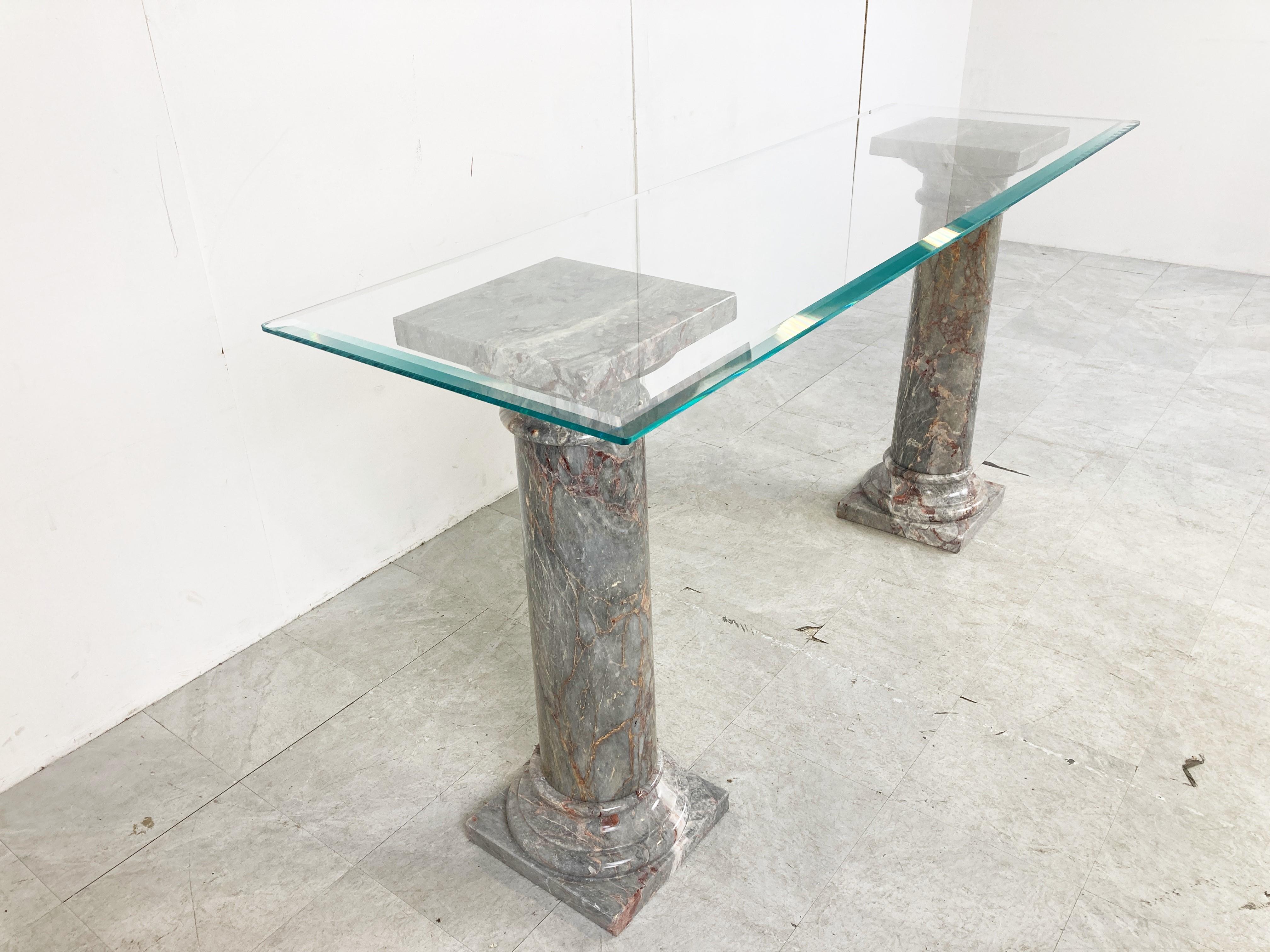 Glass Vintage Marble Column Console Table Italy, 1960s For Sale