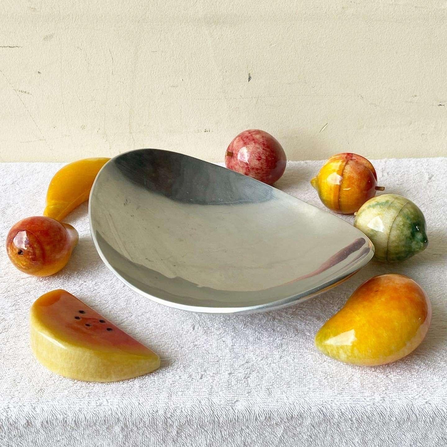 Mid-Century Modern Vintage Marble Fruit in Silver Metal Platter For Sale