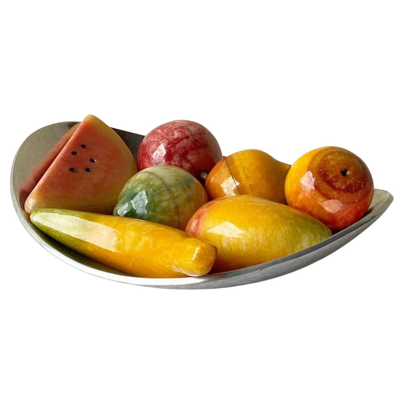 Vintage Marble Fruit in Silver Metal Platter For Sale