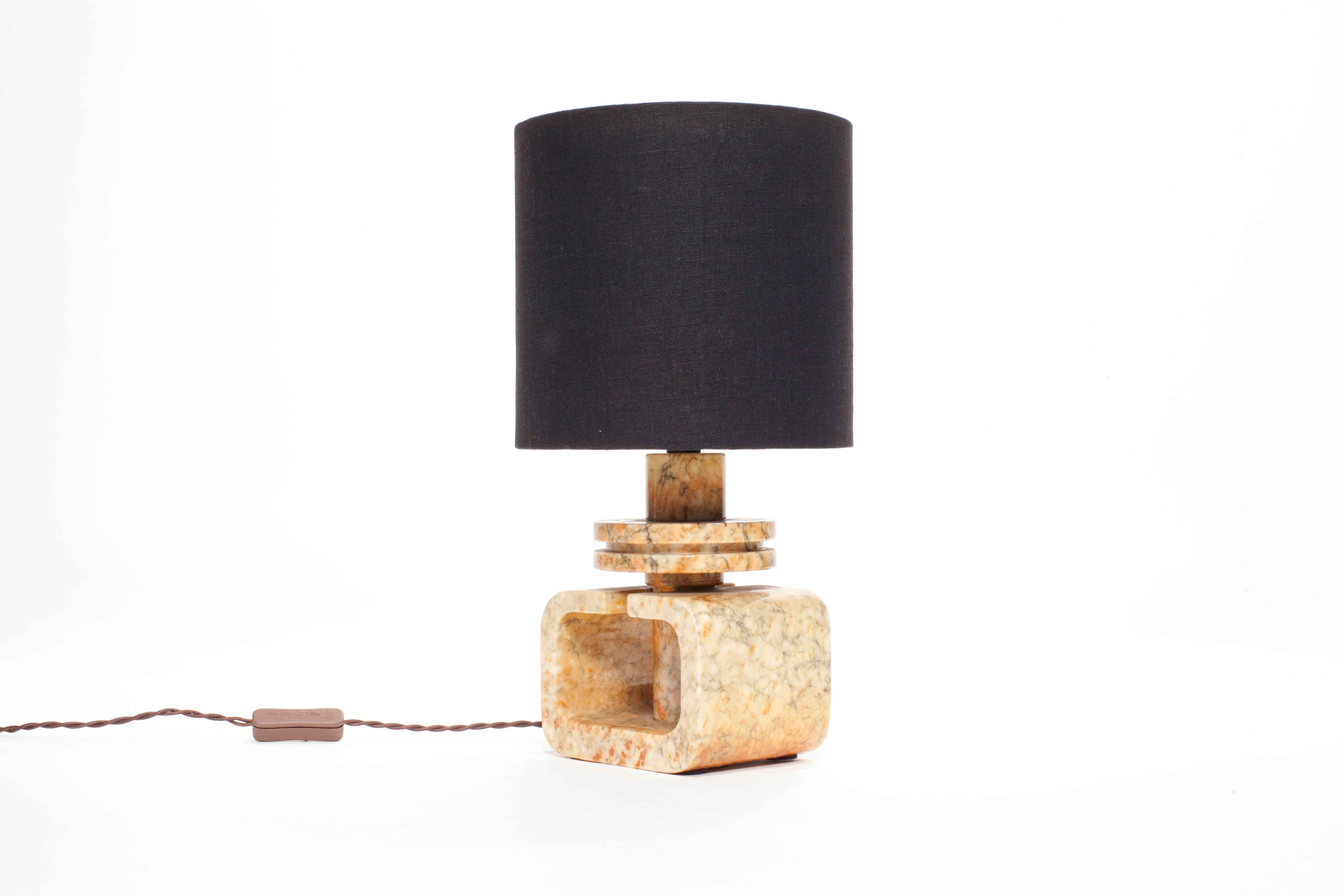 Vintage Marble Geometric Italian Table Lamp with Custom Black Linen Shade In Excellent Condition In Los Angeles, CA