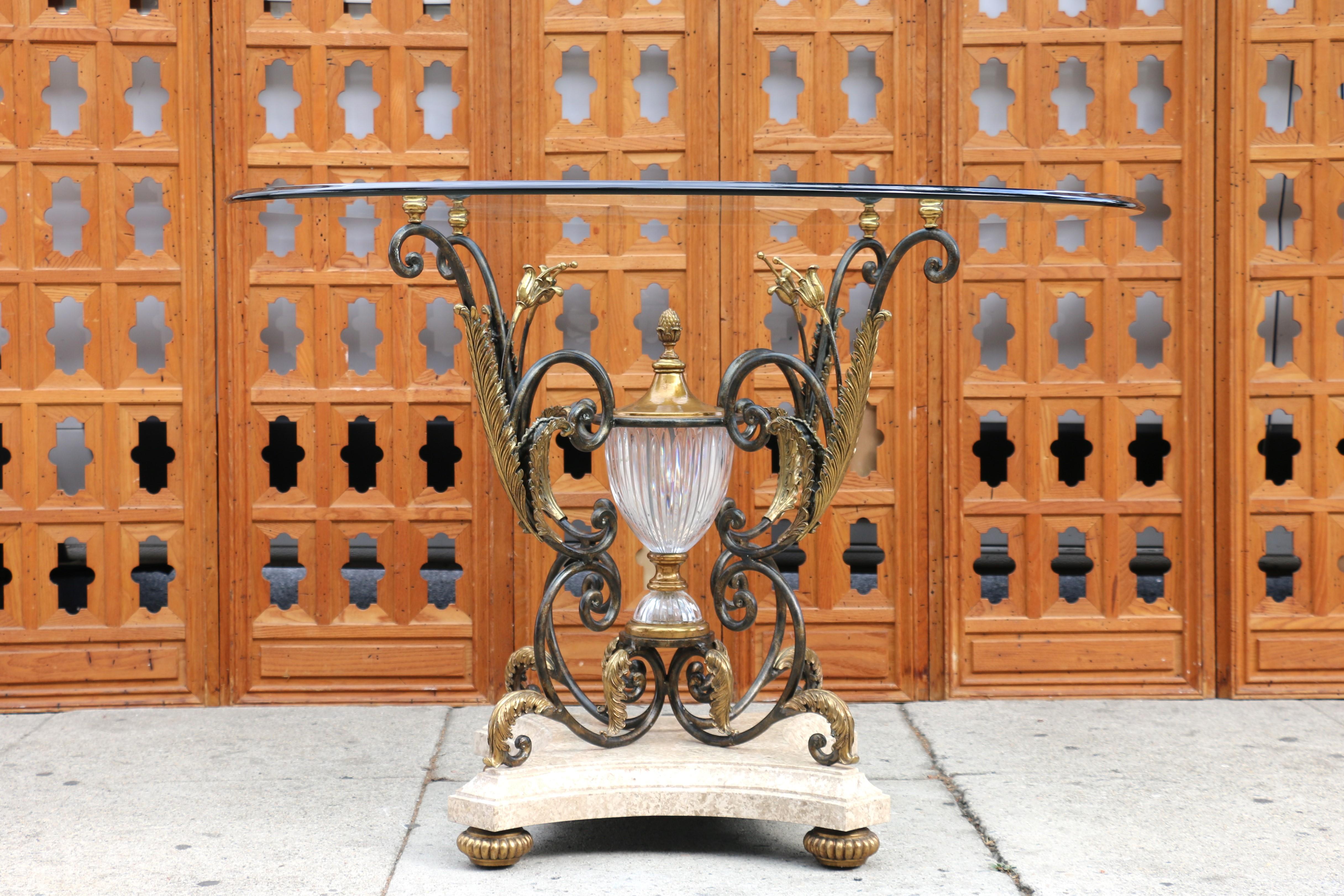 Hollywood Regency Vintage Marble Glass & Bronze Center Round Table by La Barge For Sale