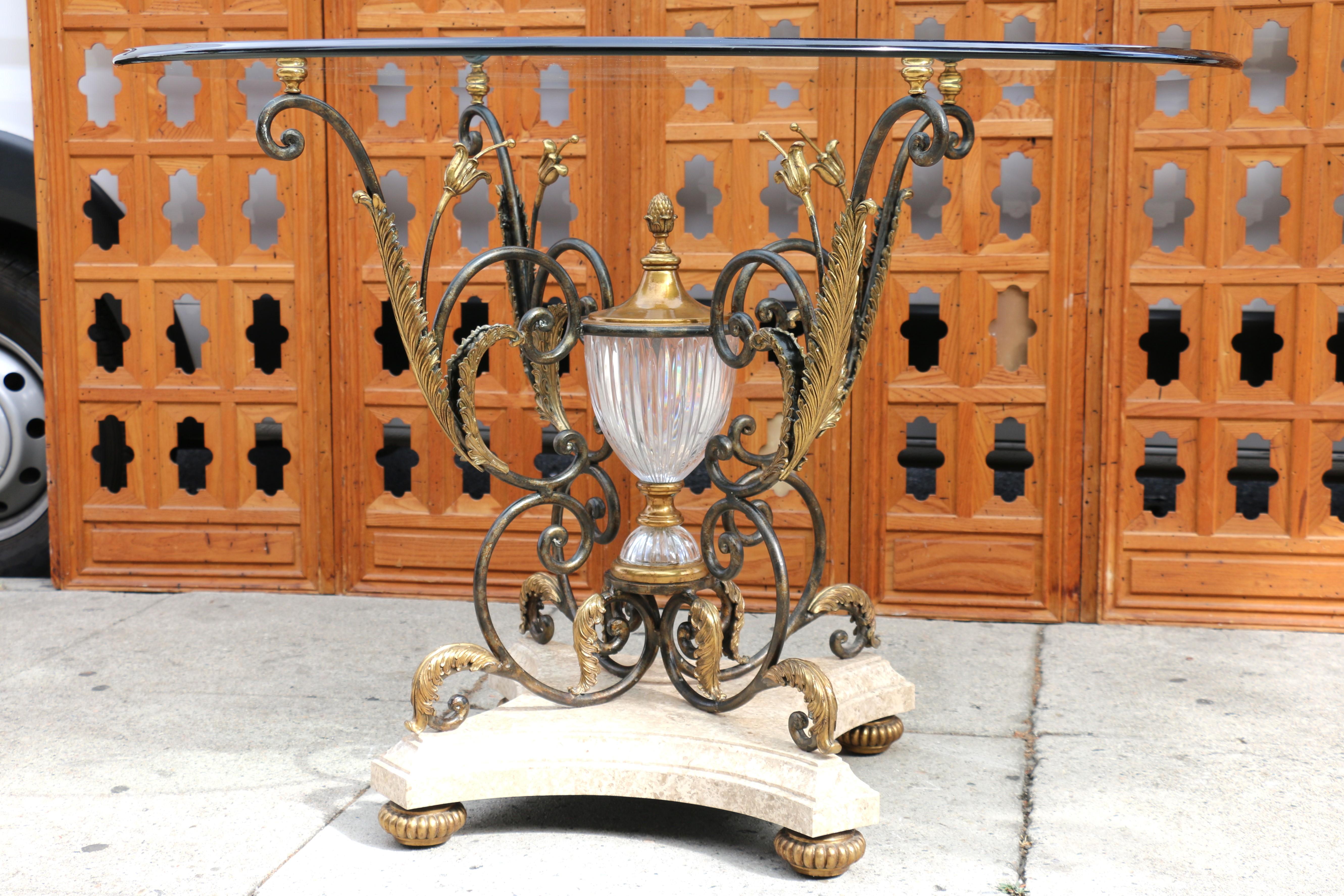 Vintage Marble Glass & Bronze Center Round Table by La Barge In Good Condition For Sale In North Hollywood, CA