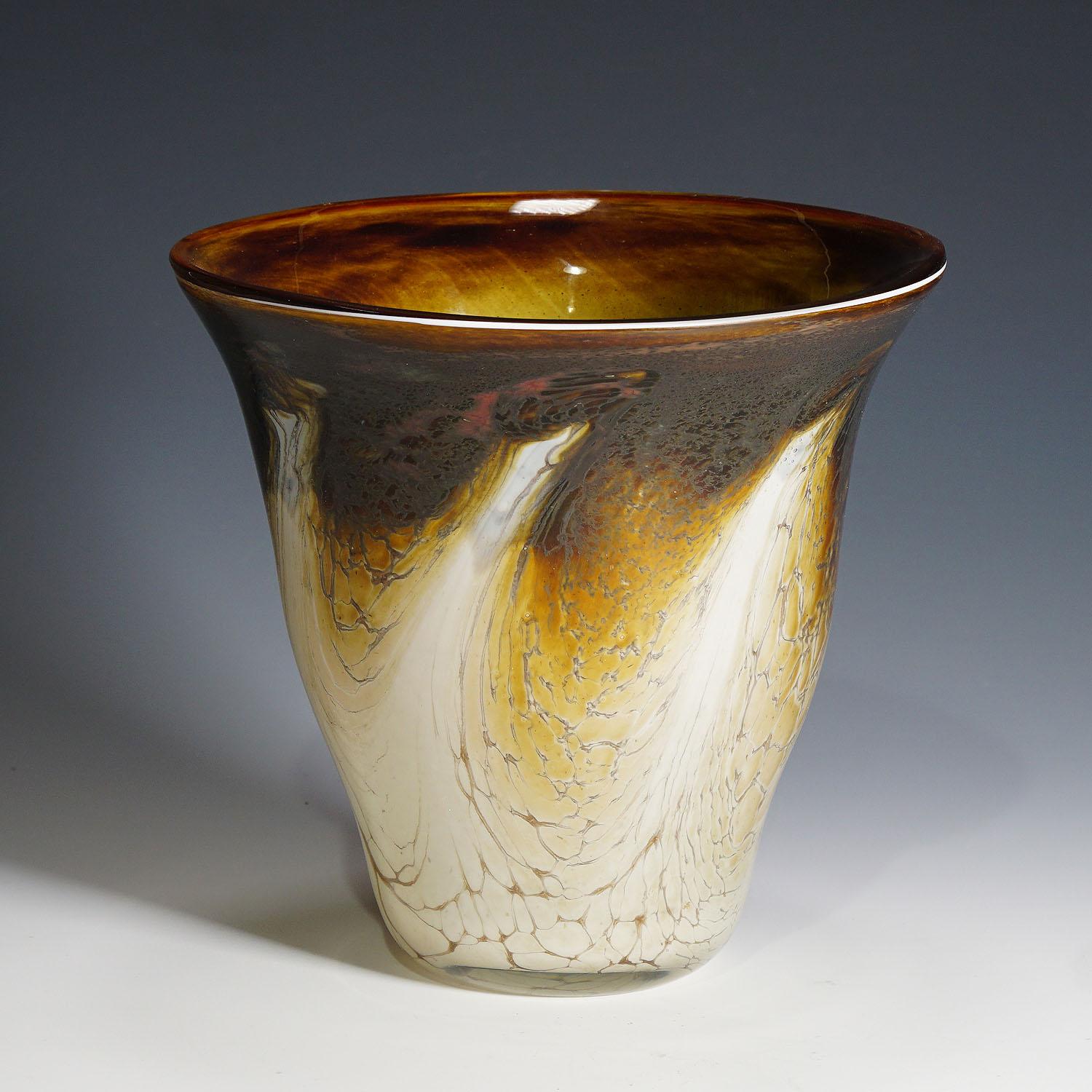 A vintage vase designed by the British glass artists Richard Glass, circa 1980. White opaque glass with brown inclusions and clear glass overlay. The intention of the design was to reproduce the techniques of Victorian glass makers by making glass