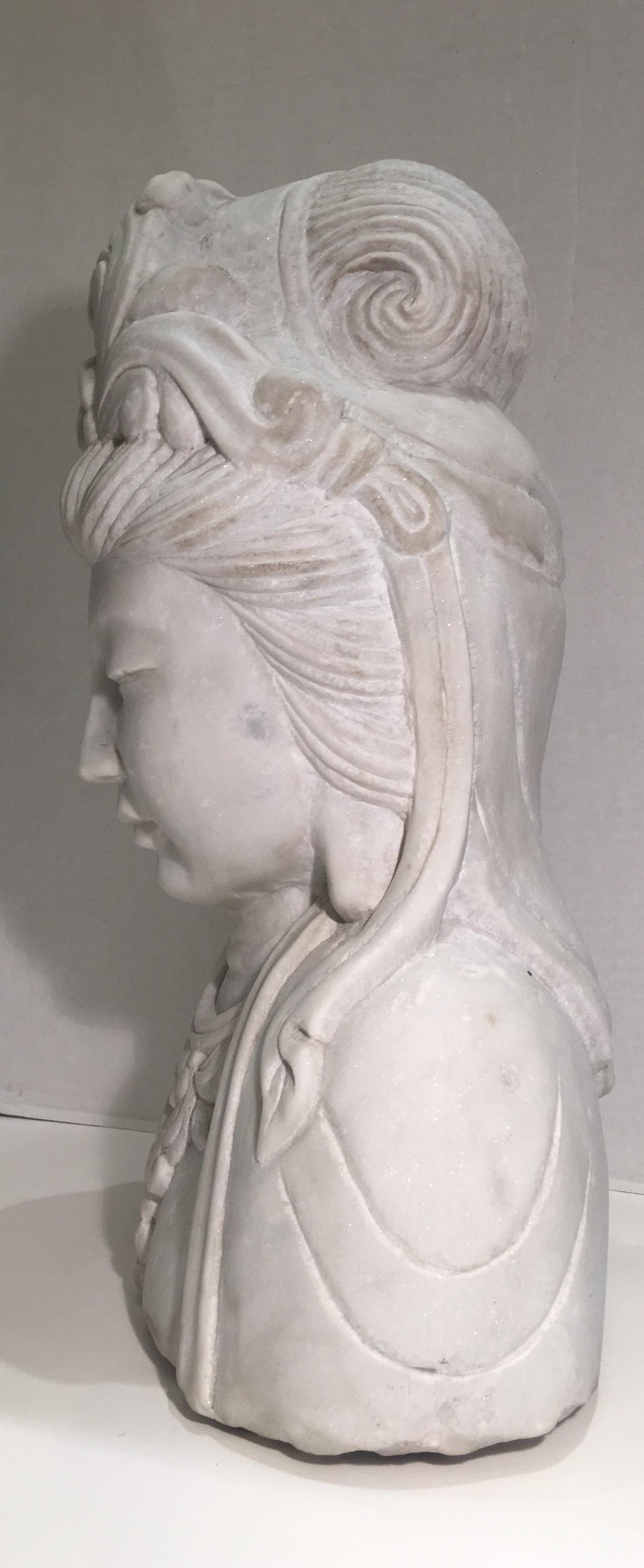 Chinese 1stdibs New York Marble Goddess Guanyin Carrera Marble Life-Size Carved Bust 