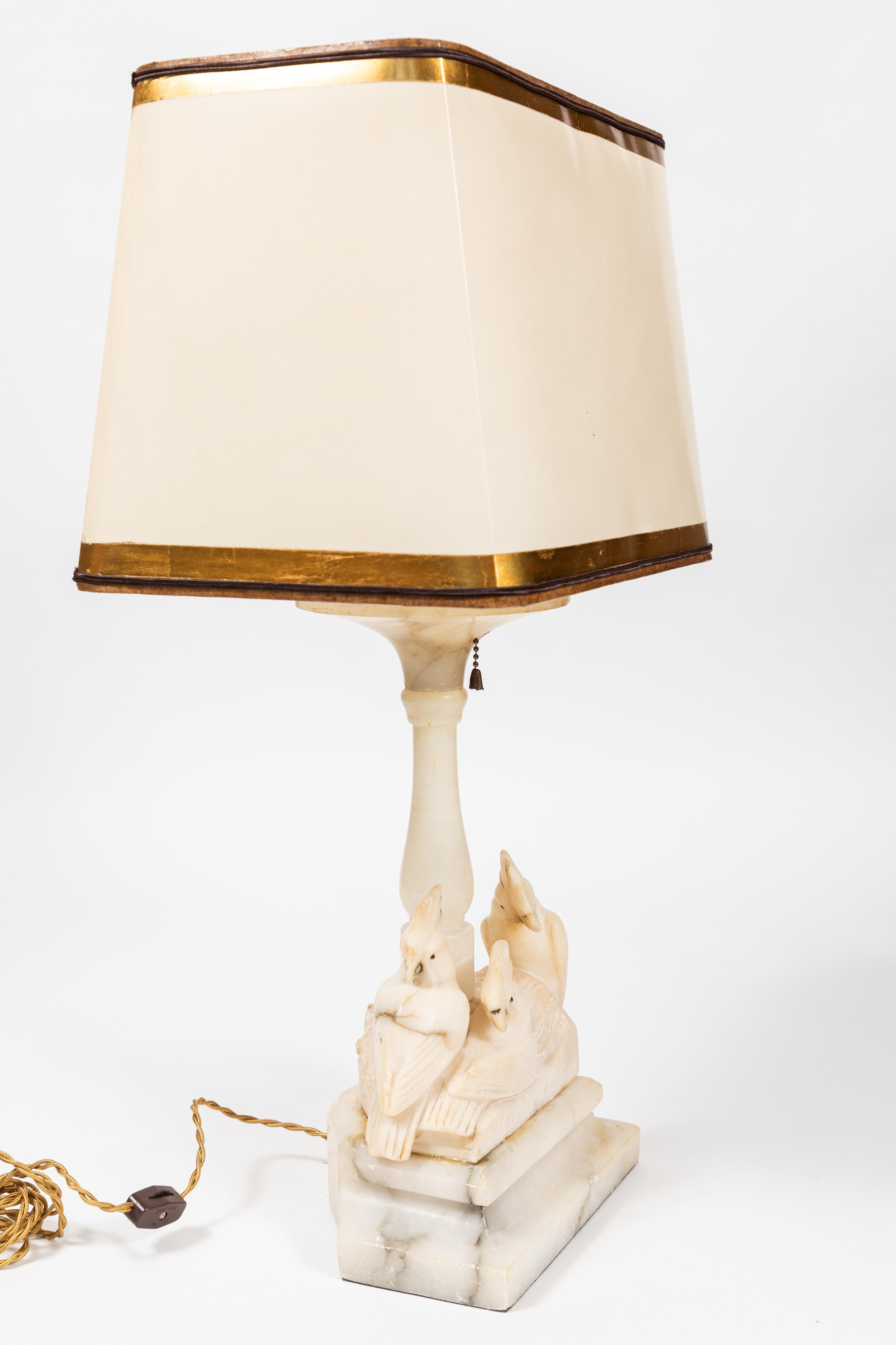 Gold Leaf Vintage Marble Lamp with 3 Carved Cockatoos
