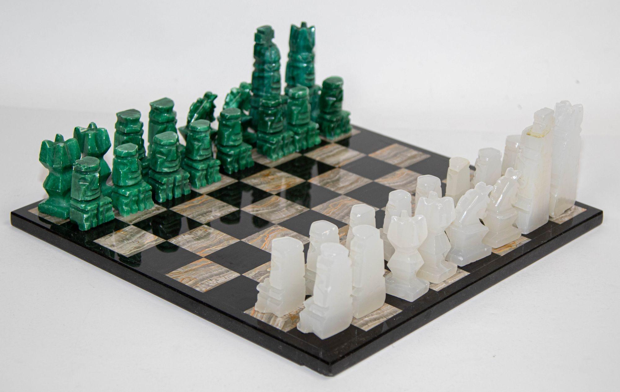 Marble Large Chess Set with Hand Carved Emerald Green Onyx Pieces 1950s 6