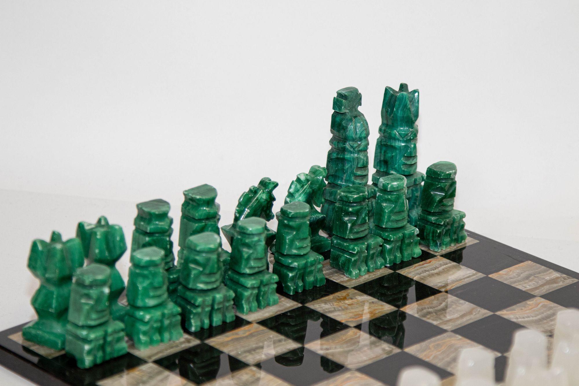 Marble Large Chess Set with Hand Carved Emerald Green Onyx Pieces 1950s 8