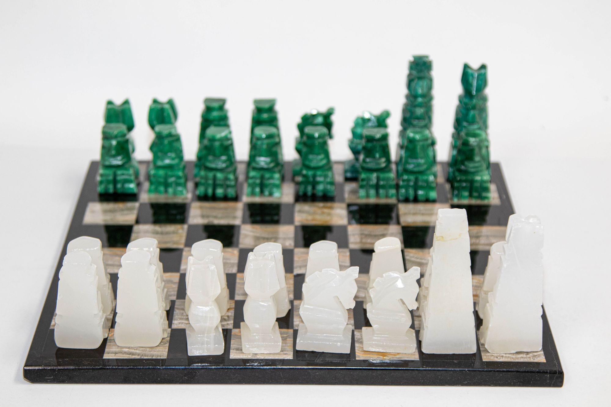 Marble Large Chess Set with Hand Carved Emerald Green Onyx Pieces 1950s 9