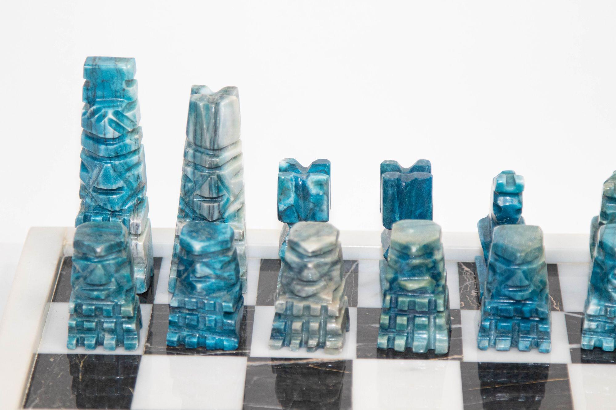 Grand jeu d'échecs vintage en marbre avec pièces en onyx turquoise sculptées à la main en vente 8