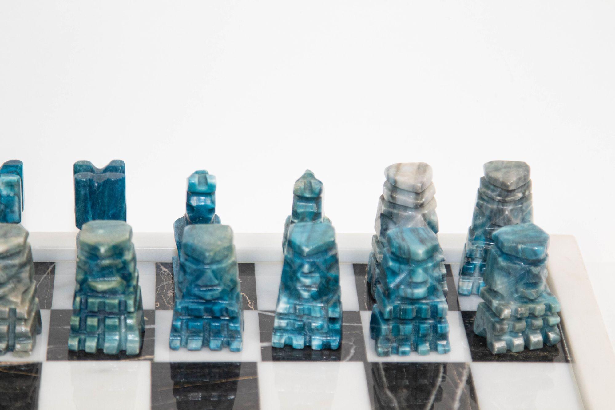 Grand jeu d'échecs vintage en marbre avec pièces en onyx turquoise sculptées à la main en vente 9