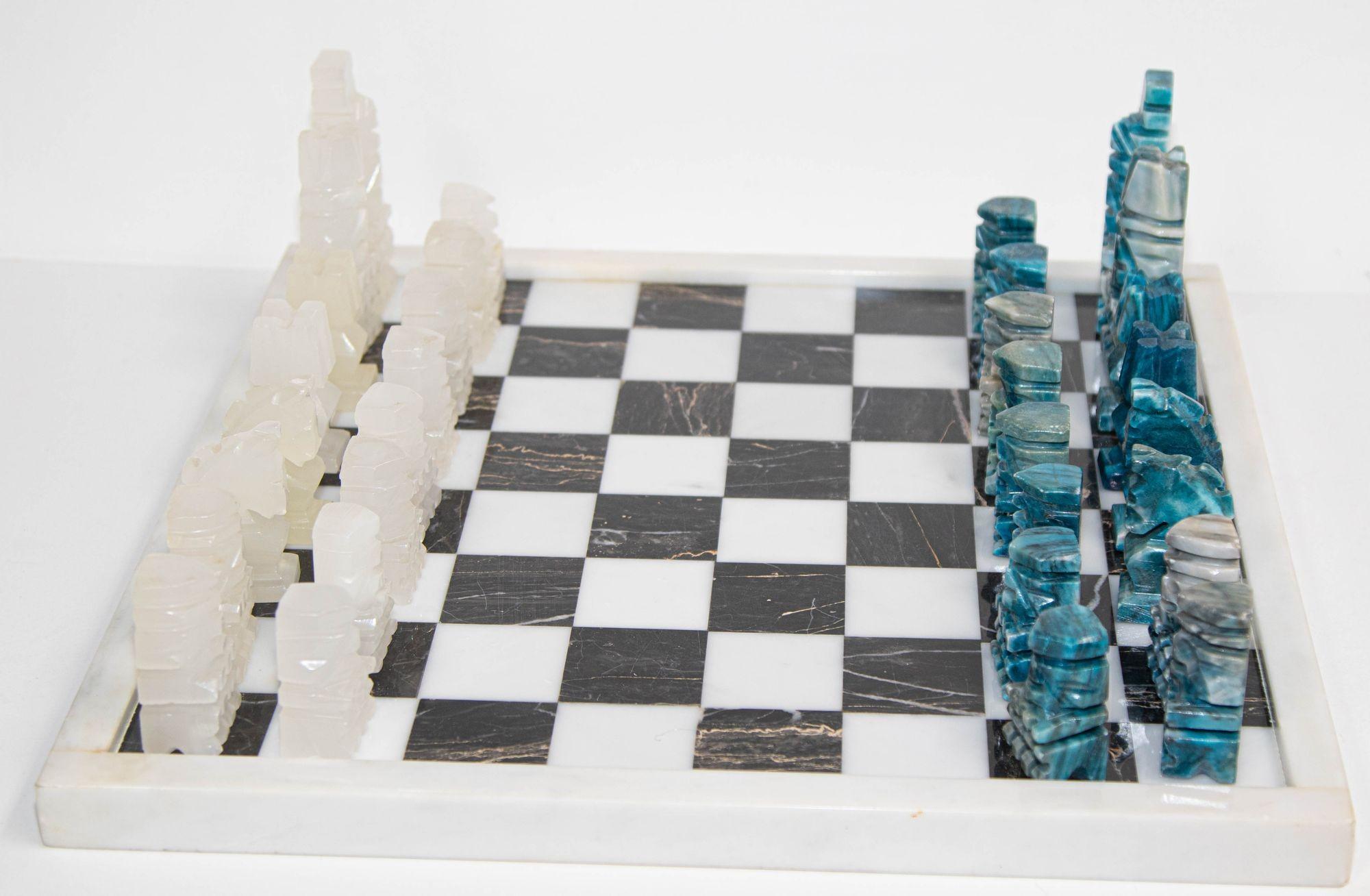 Vintage Marble Large Chess Set with Hand Carved Turquoise Onyx Pieces For Sale 10