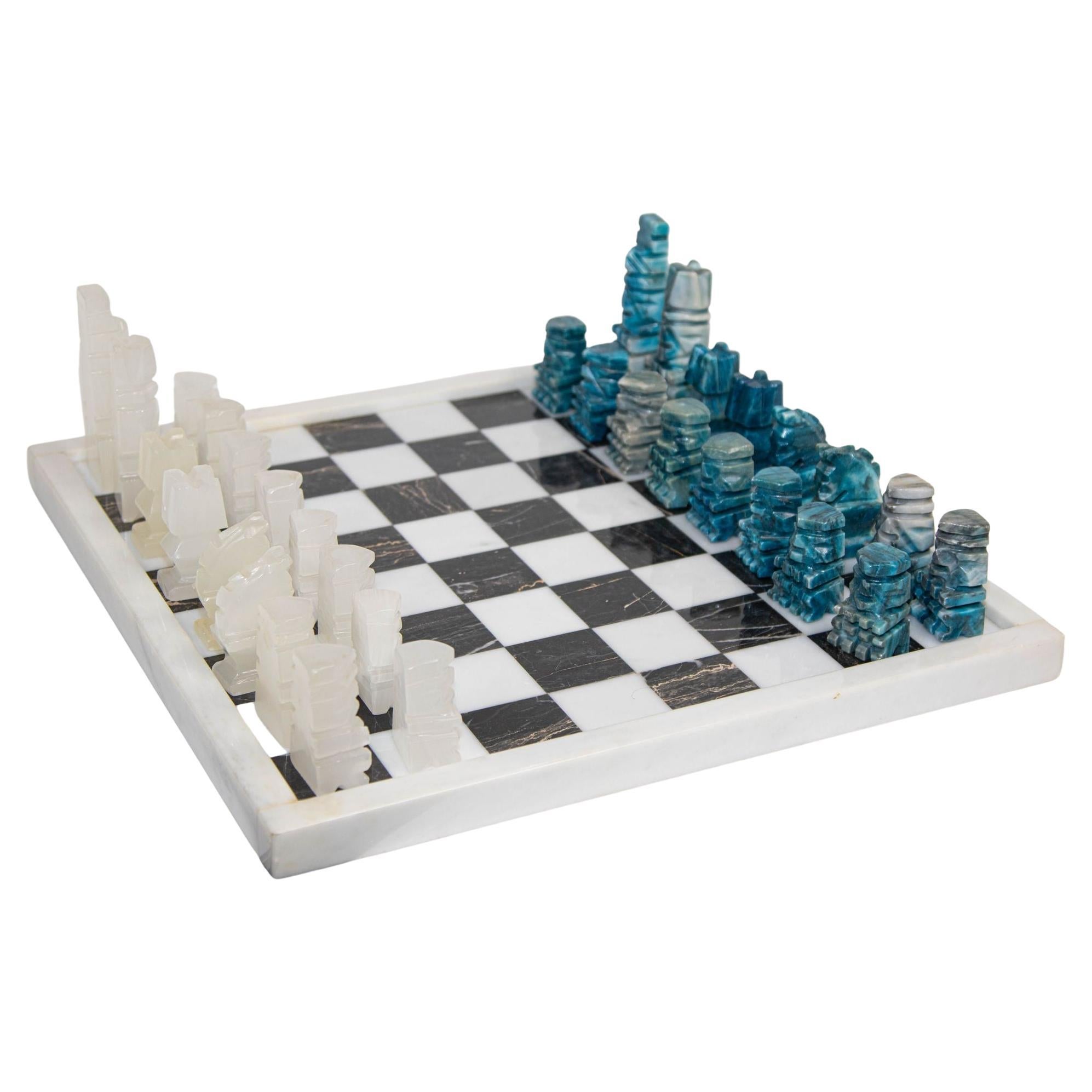 Vintage Marble Large Chess Set with Hand Carved Turquoise Onyx Pieces For Sale