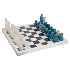 Vintage Marble Large Chess Set with Hand Carved Turquoise Onyx Pieces
