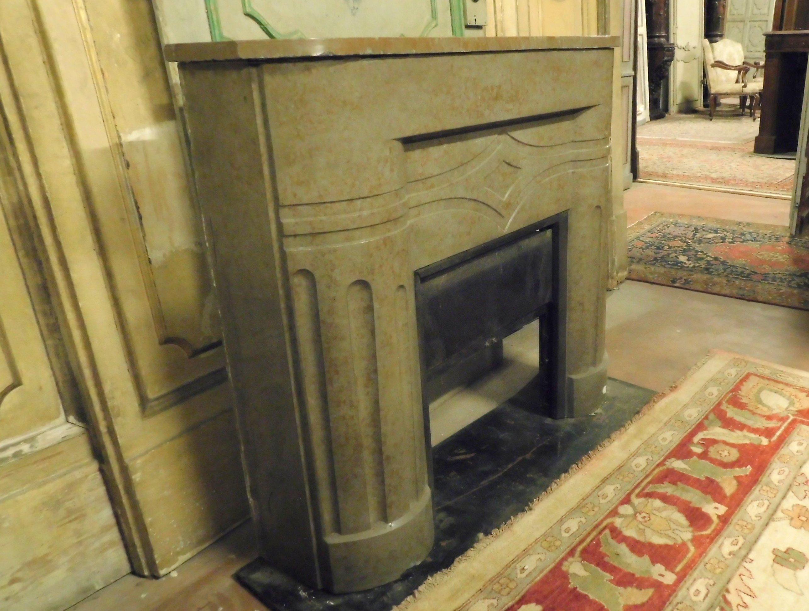 Hand-Carved Vintage Marble Mantle Fireplace, Deco Style, Dove Gray Color, 1920, Italy