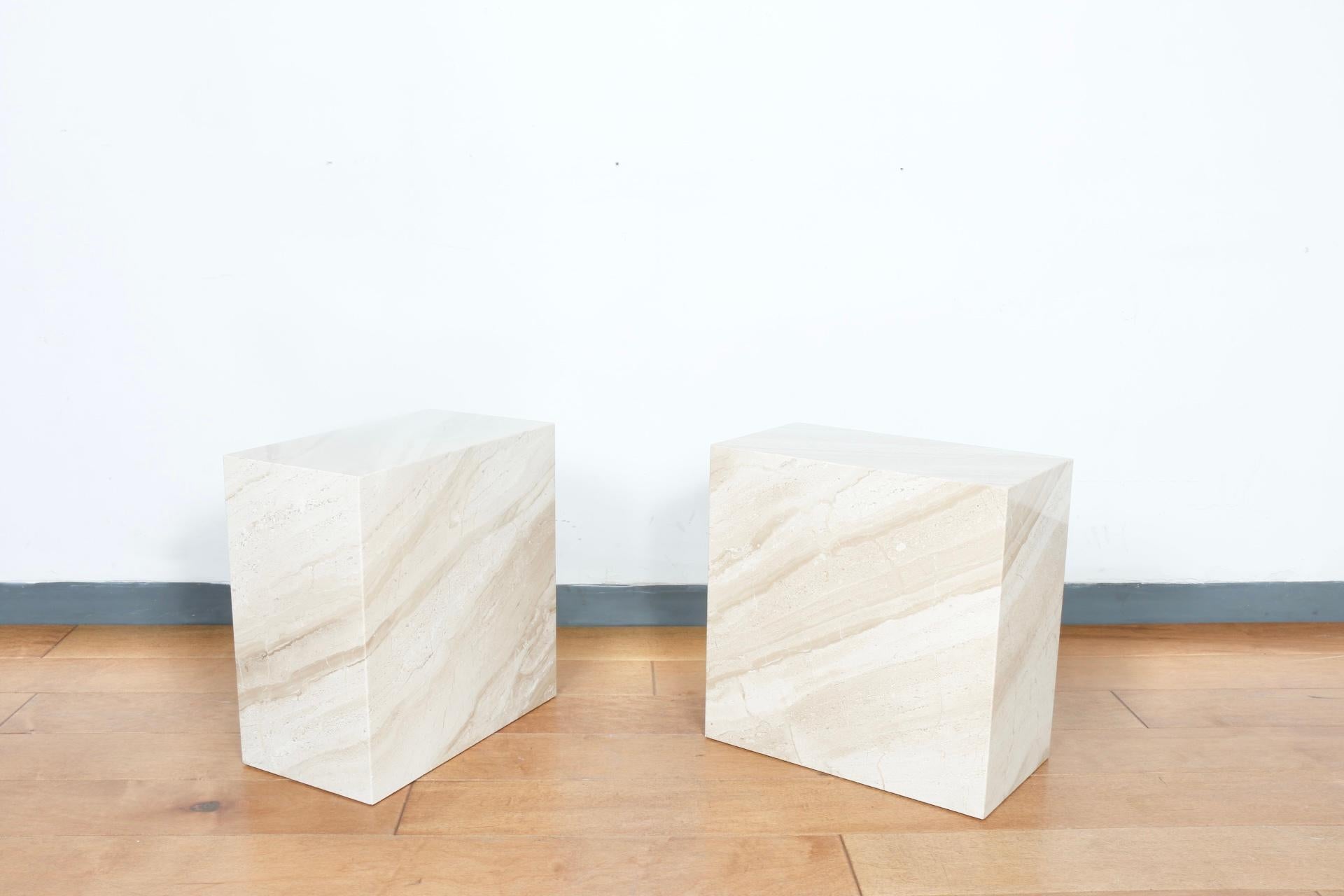Pair of beautiful well kept marble low pedestals. Great style and design. No broken parts or chips. Can be used as pedestals or low side tables