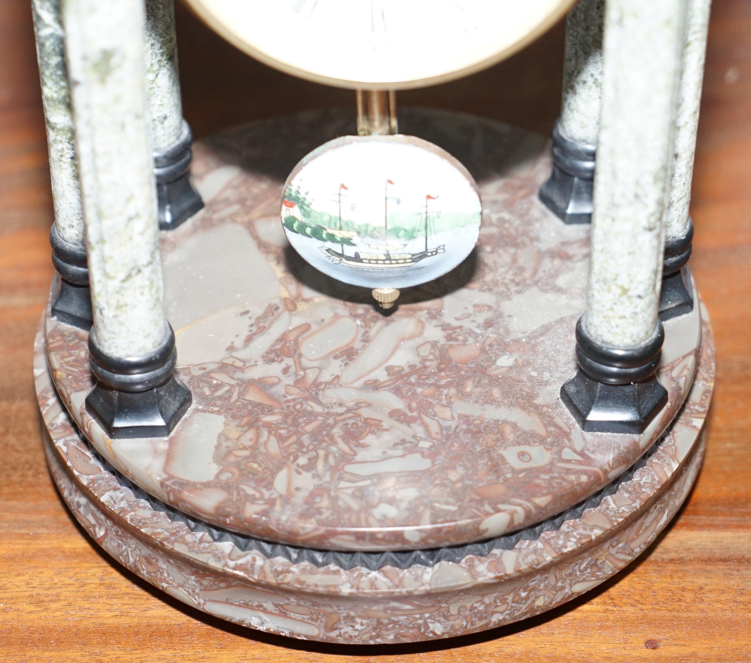 French Vintage Marble Pillared Clock with Working Pendulum Movement Nautical Theme