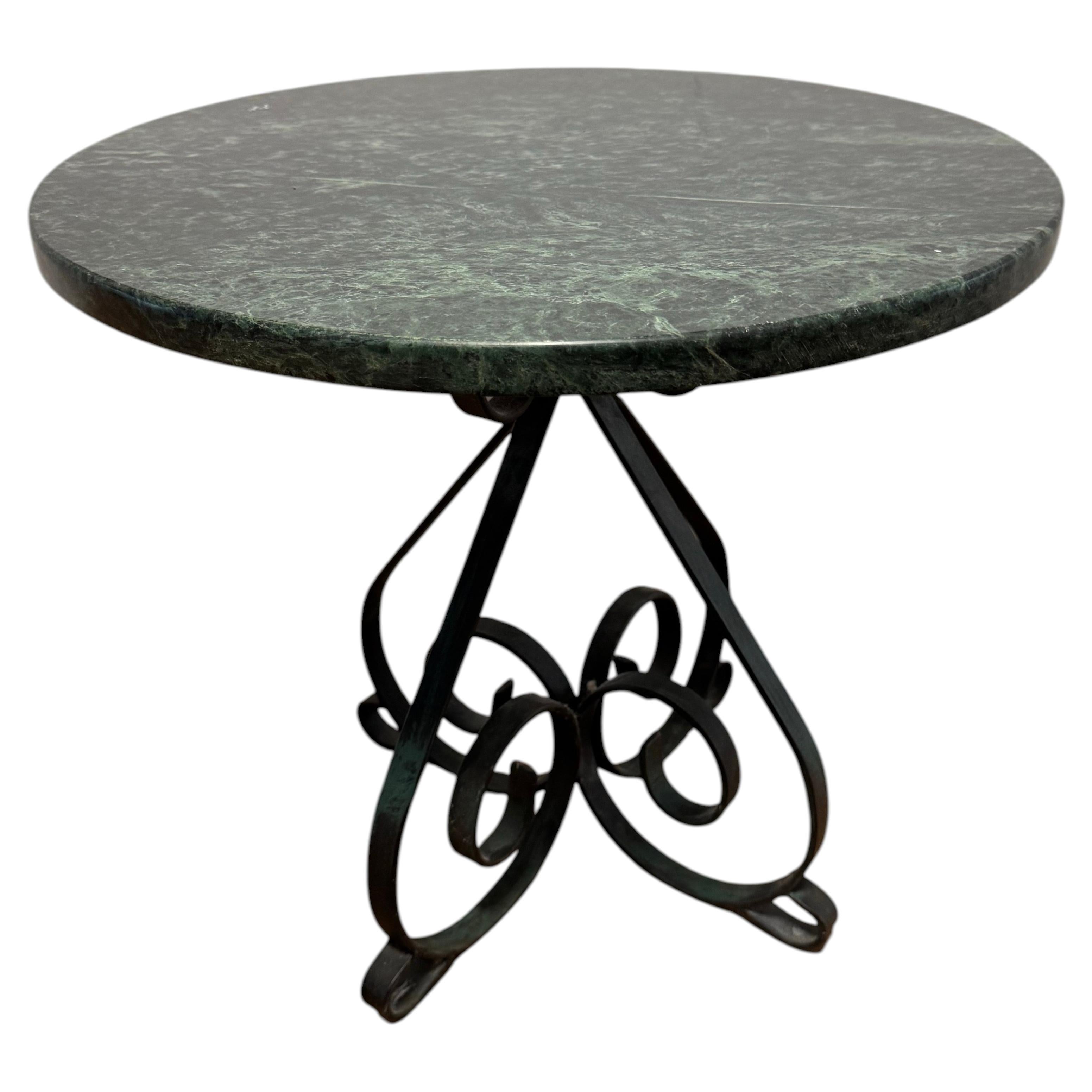 Vintage Marble Round Side Table With Wrought Iron Scrollwork Base, c.1950s For Sale