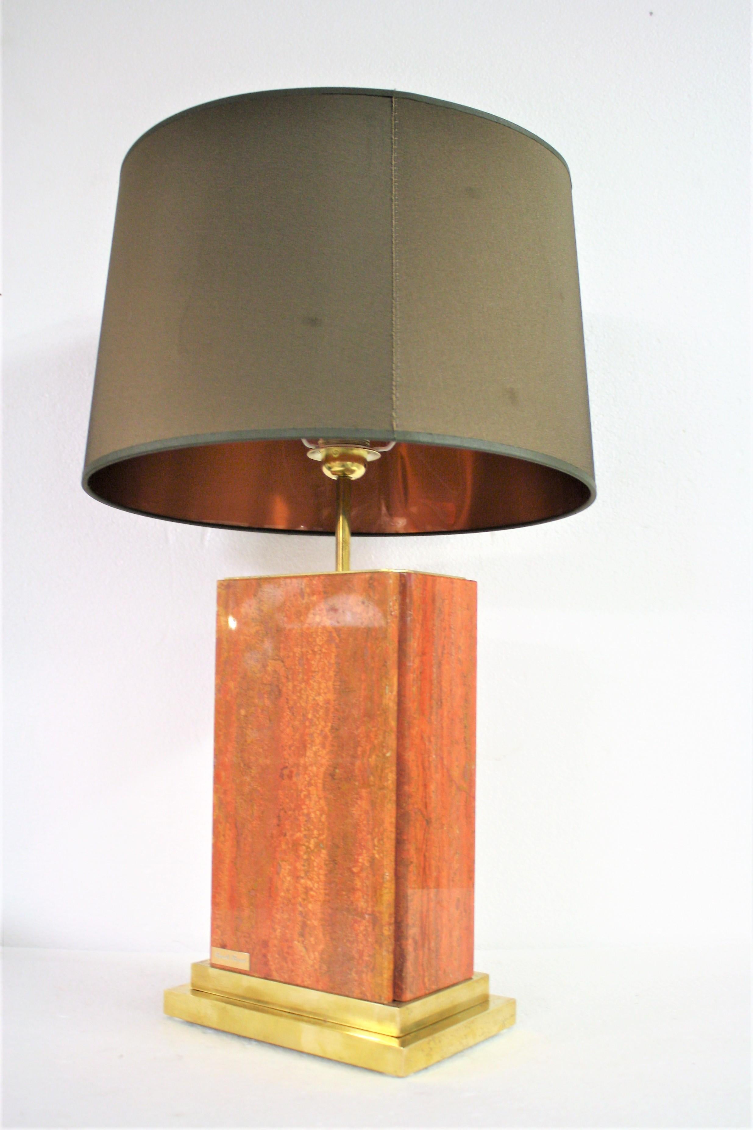 Large orange marble table lamp with brass.

The lamp was designed and manufactured by Belgian artisan Camille Breesch.

All Breesch's lamps usually came with travertine or carrara marble stone from Italy.

This large example has a rare orange