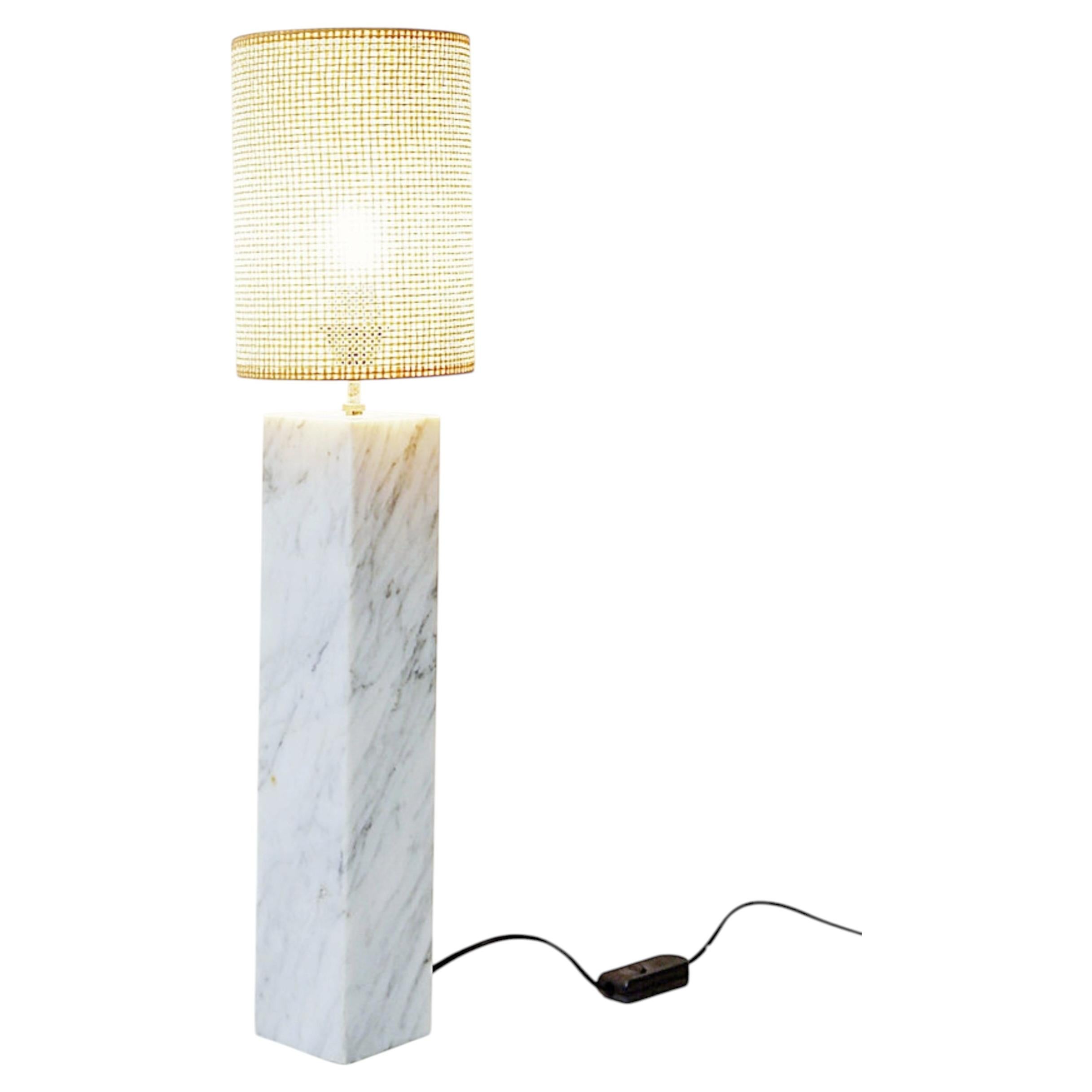 Mid-Century Modern Table Lamp in Carrara Marble with Raffia Shade