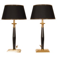 Vintage Marble Table Lamps Italian Napoleonic Column Lamps Black Gold, a Pair
