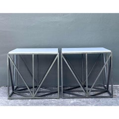 Vintage Marble Top Aluminum Side Tables - A Pair