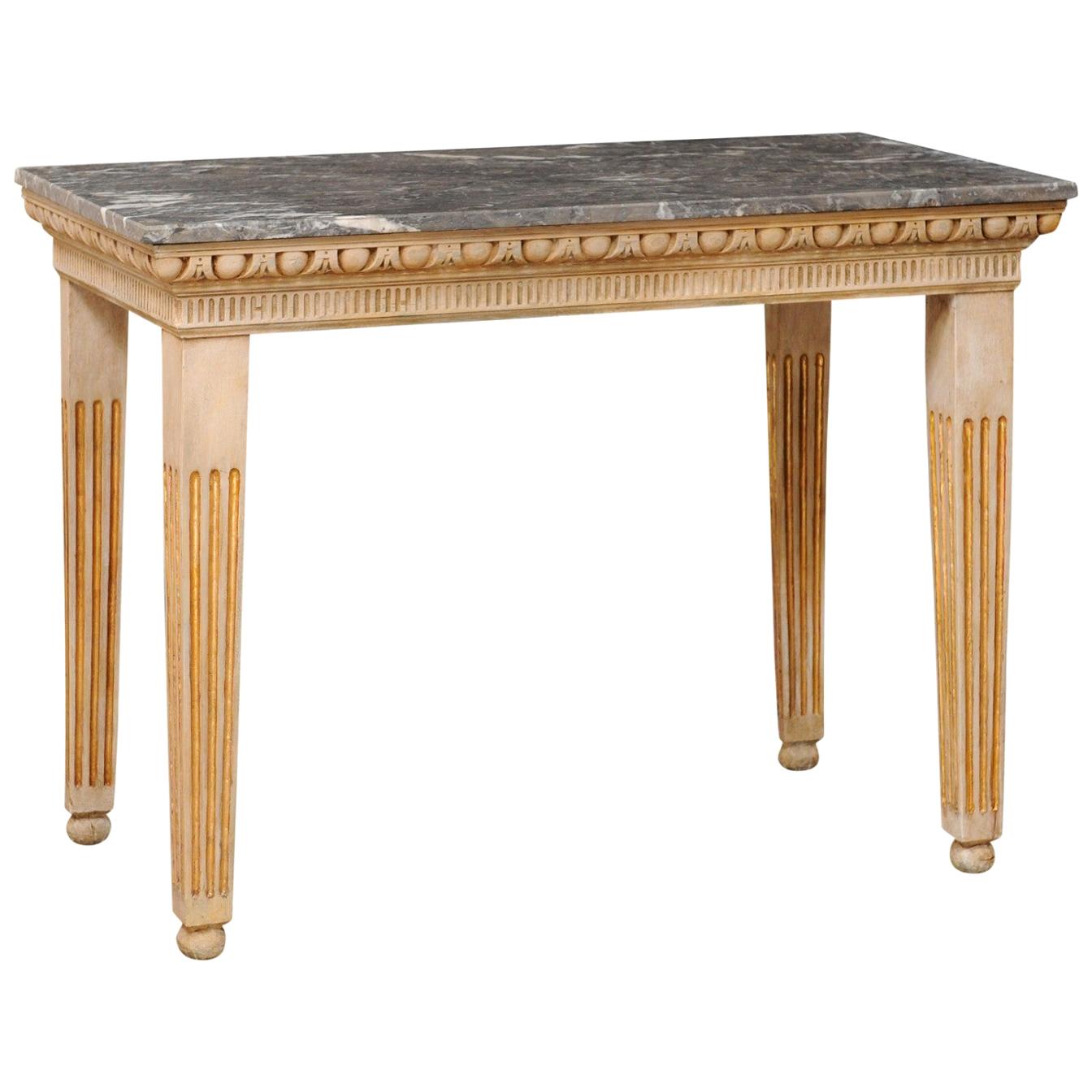 Vintage Marble-Top Console Table with Egg-n-Dart & Fluted Carved Embellishments