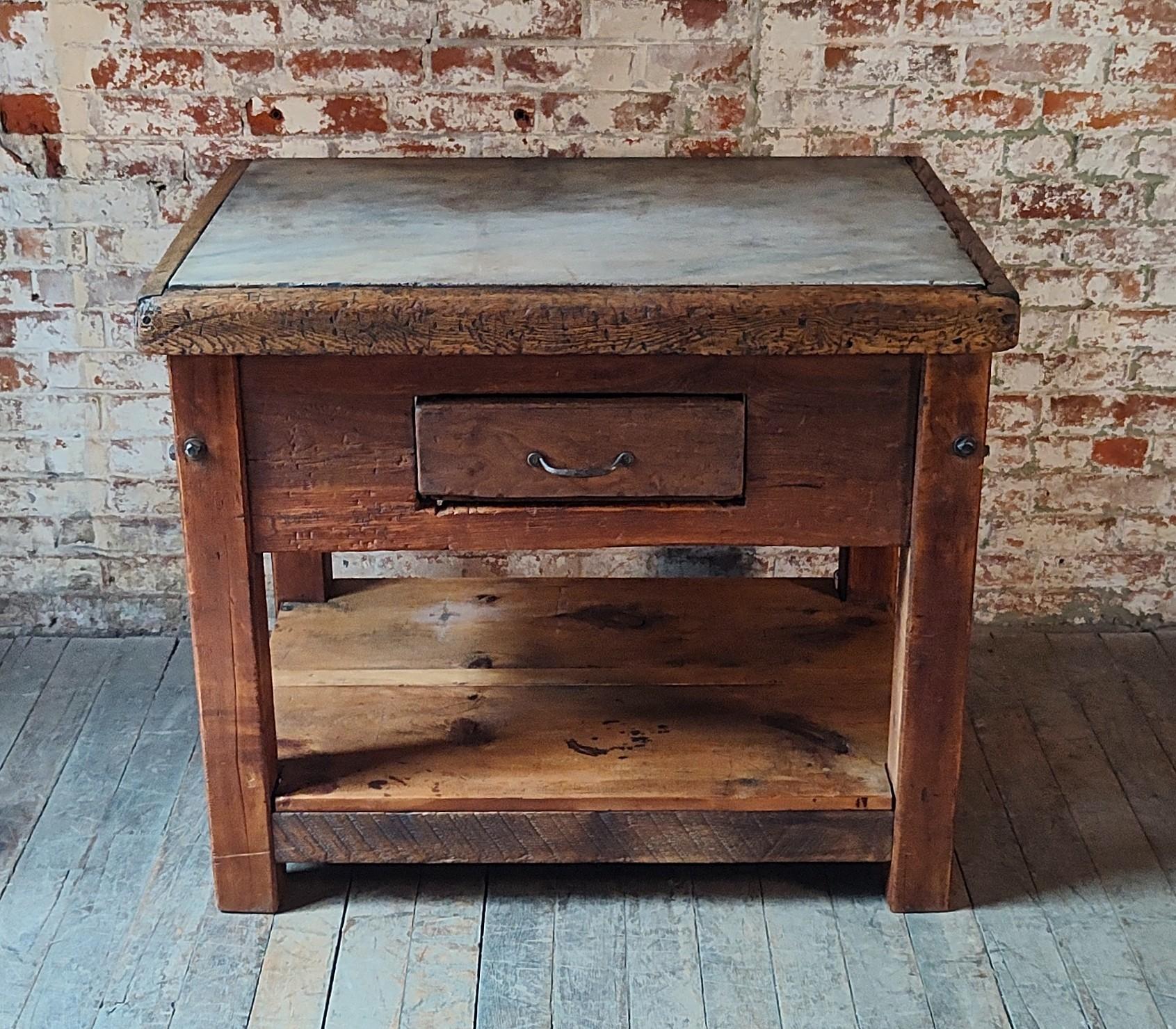Américain Vintage Marble Top Display Table / Kitchen Island en vente