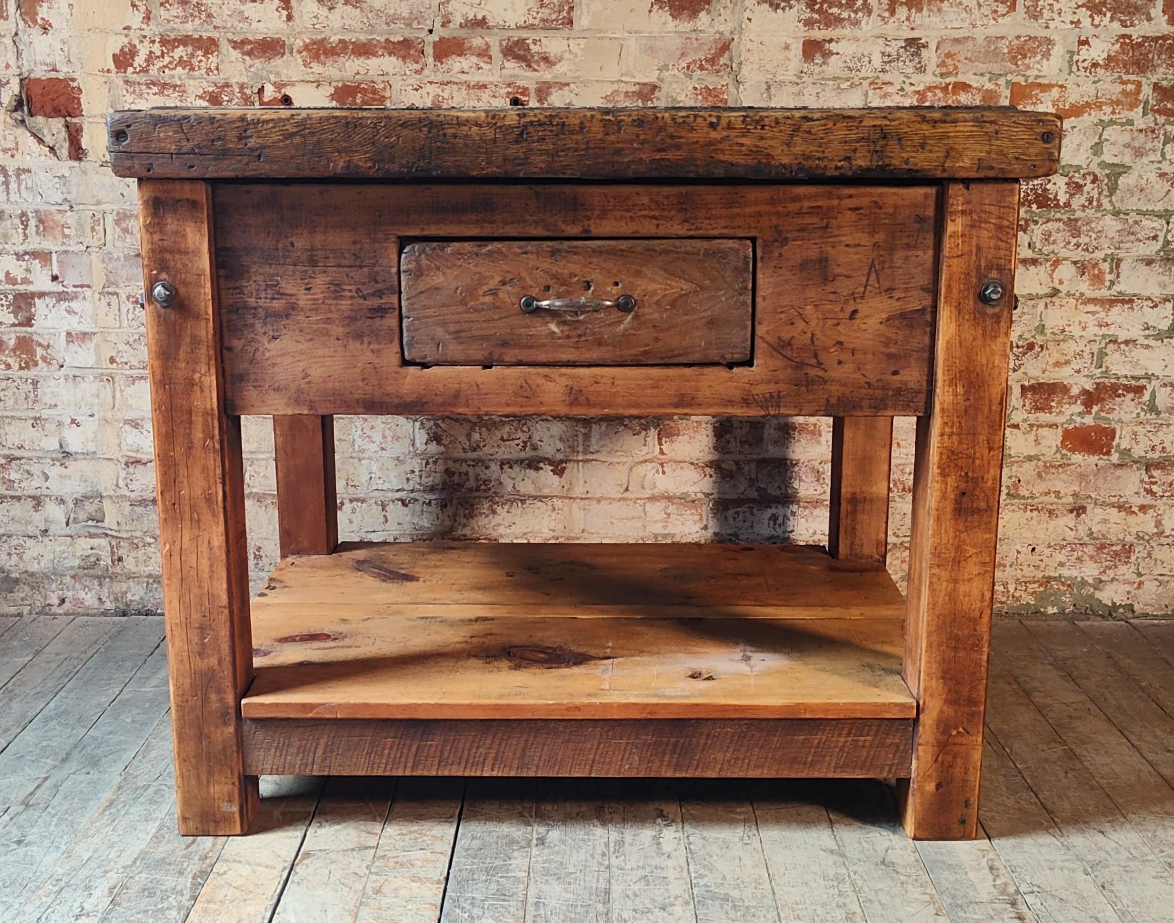 Acier Vintage Marble Top Display Table / Kitchen Island en vente