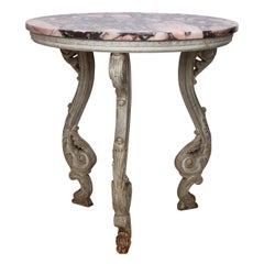 Vintage Marble Top Three Legged Side Table With Wood Base