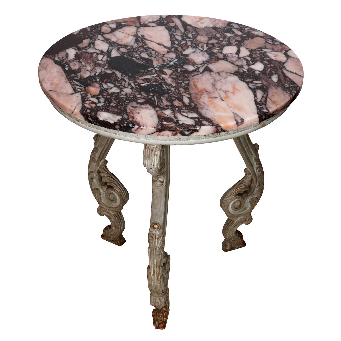 Mesa auxiliar vintage de tres patas con tapa de mármol y base de madera