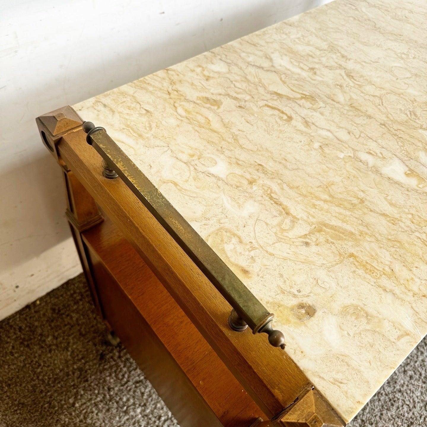 American Vintage Marble Top Wooden Service Cart With Burl Doors