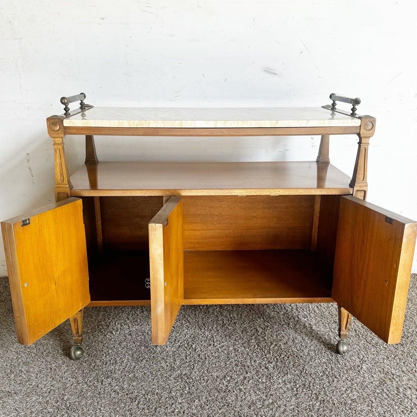 Vintage Marble Top Wooden Service Cart With Burl Doors In Good Condition In Delray Beach, FL