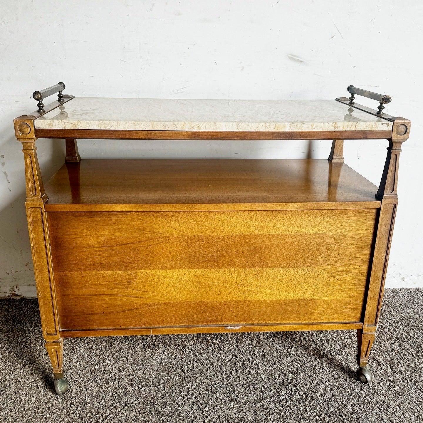 20th Century Vintage Marble Top Wooden Service Cart With Burl Doors