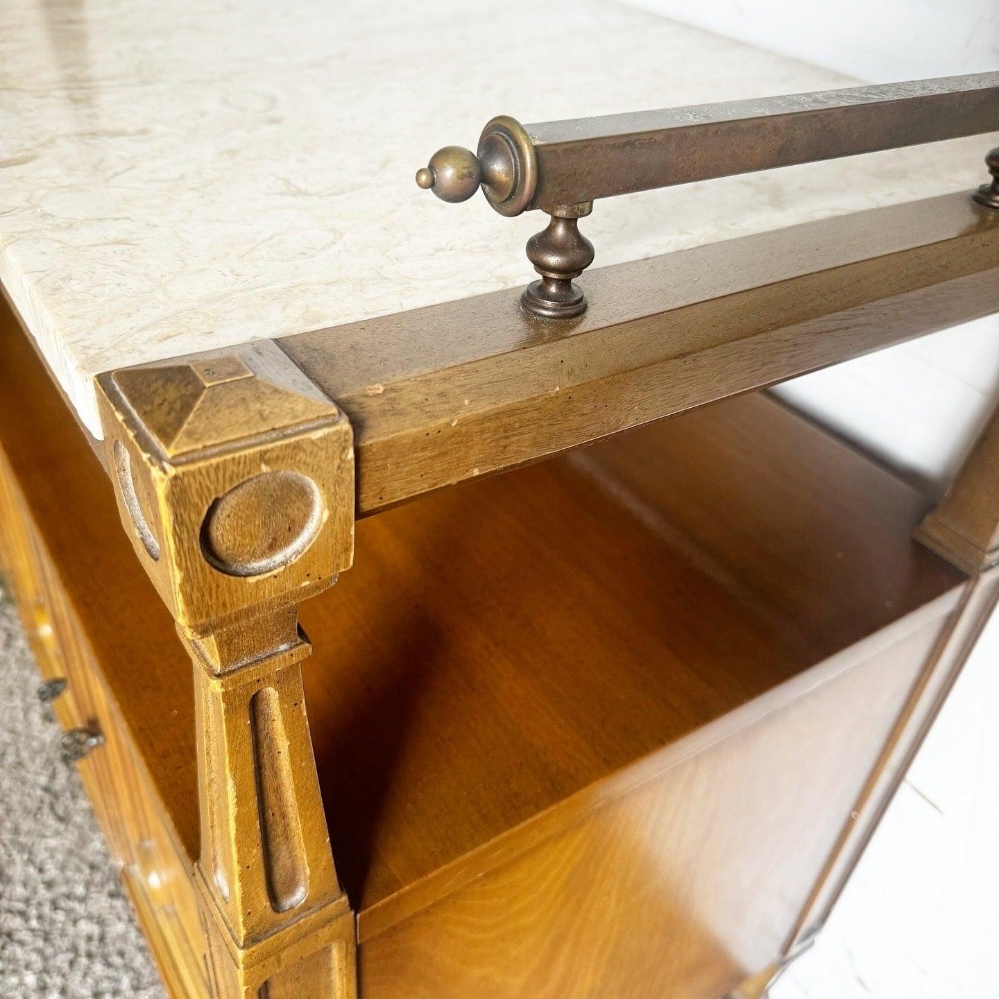 Vintage Marble Top Wooden Service Cart With Burl Doors 1