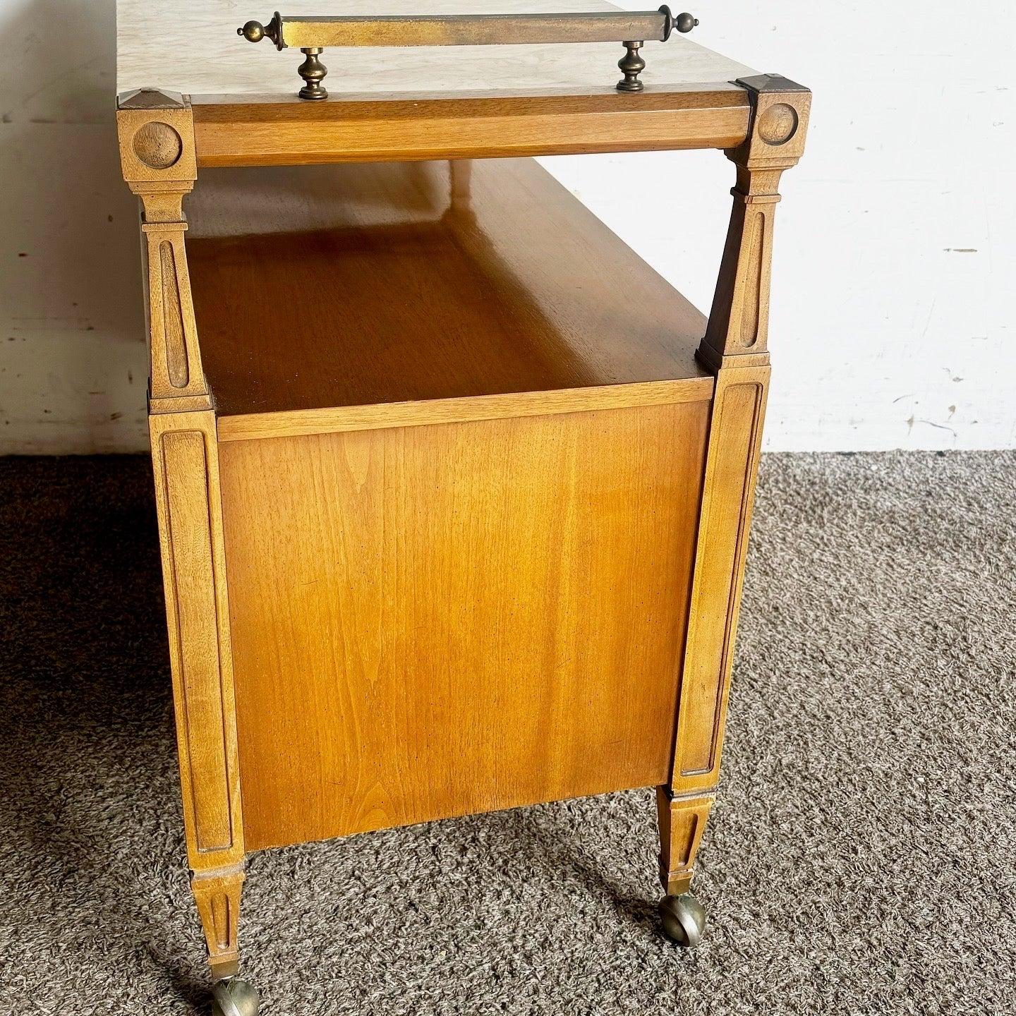 Vintage Marble Top Wooden Service Cart With Burl Doors 2