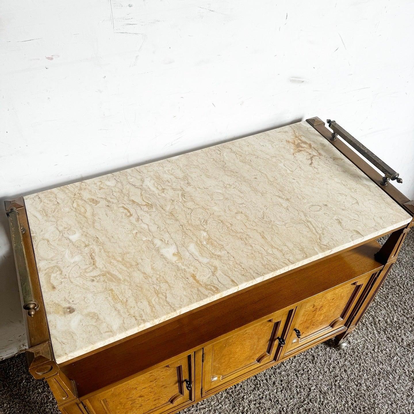 Vintage Marble Top Wooden Service Cart With Burl Doors 4