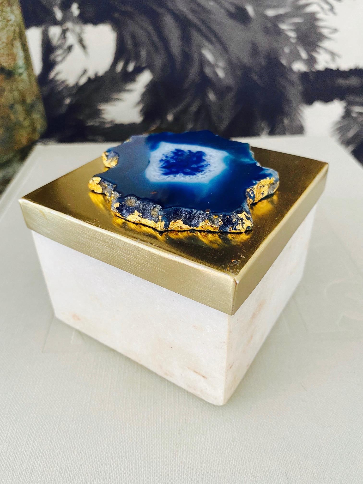 Gold Plate Vintage Marble Trinket Box with Gemstone Inset Top